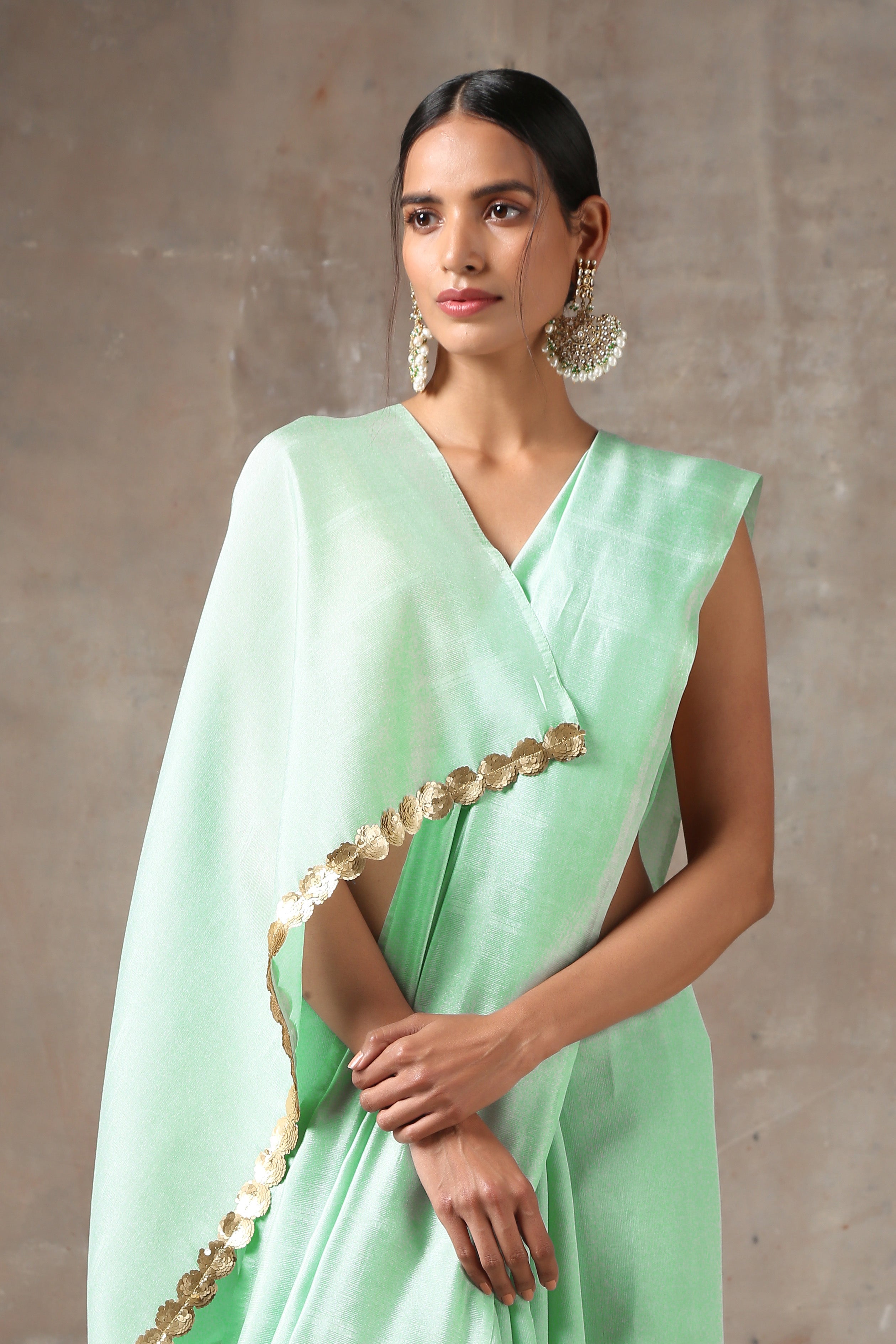 Mint bloom saree with lace on edge — view 3