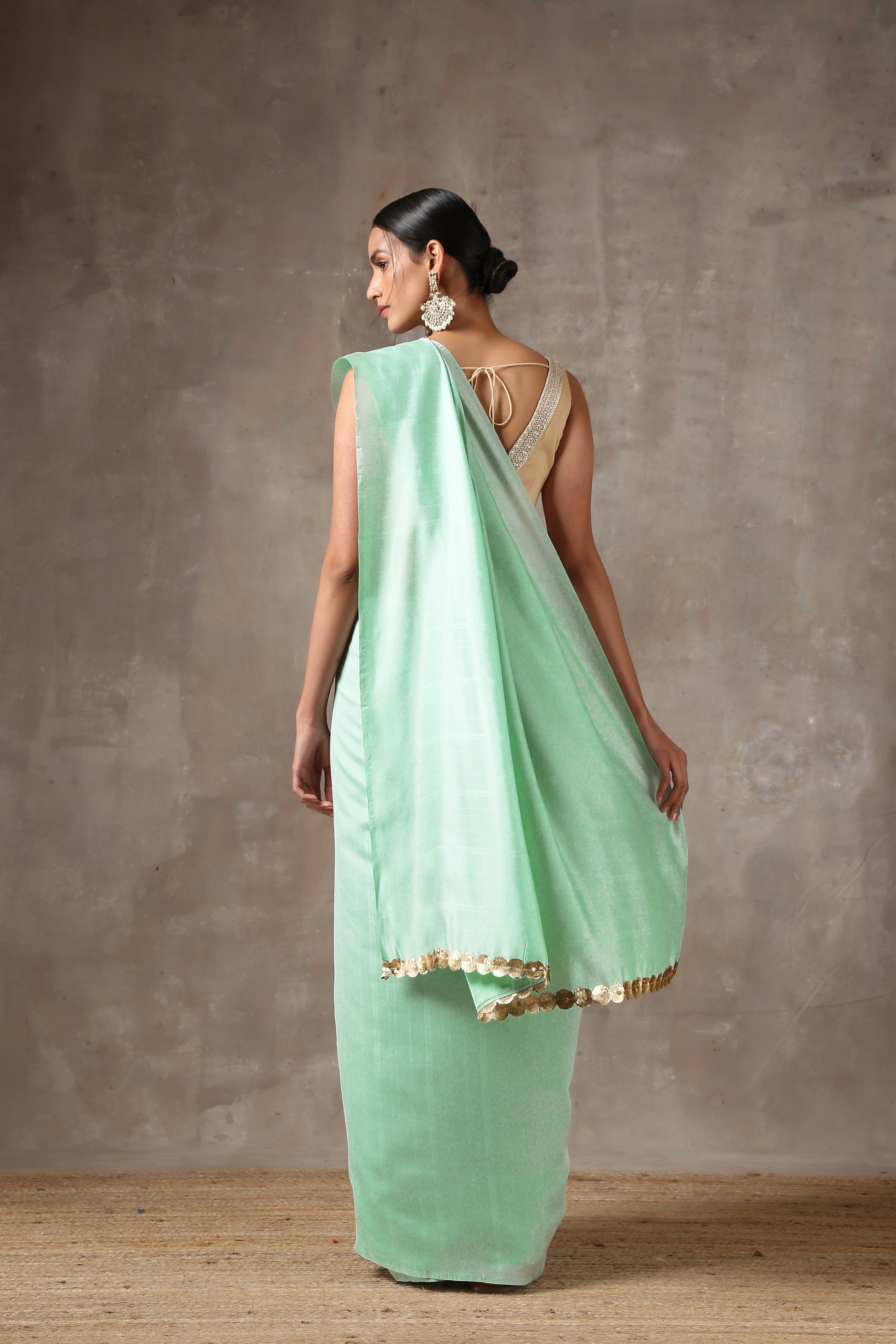 Mint bloom saree with lace on edge — view 4