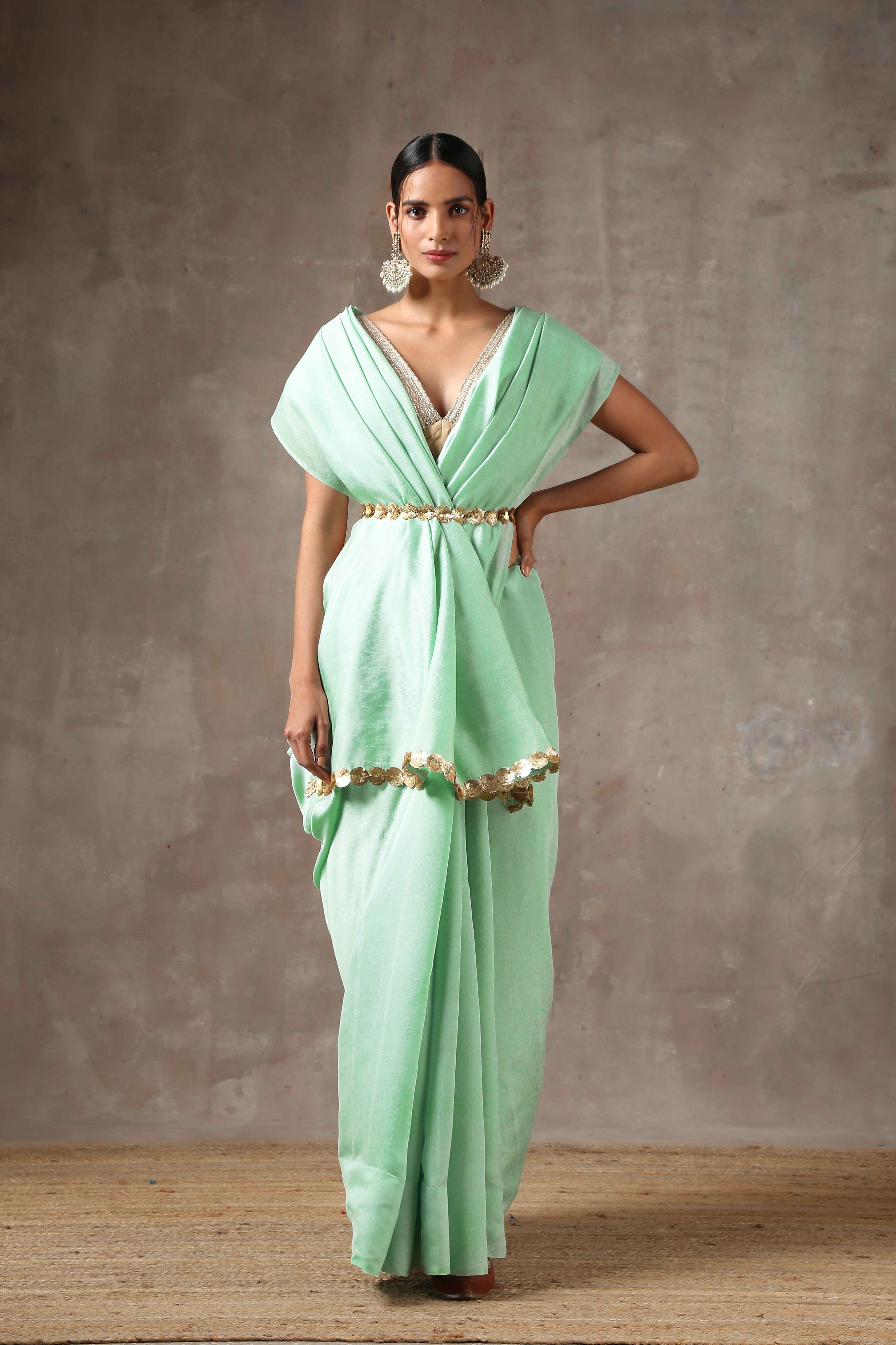 Mint bloom saree with lace on edge — view 5
