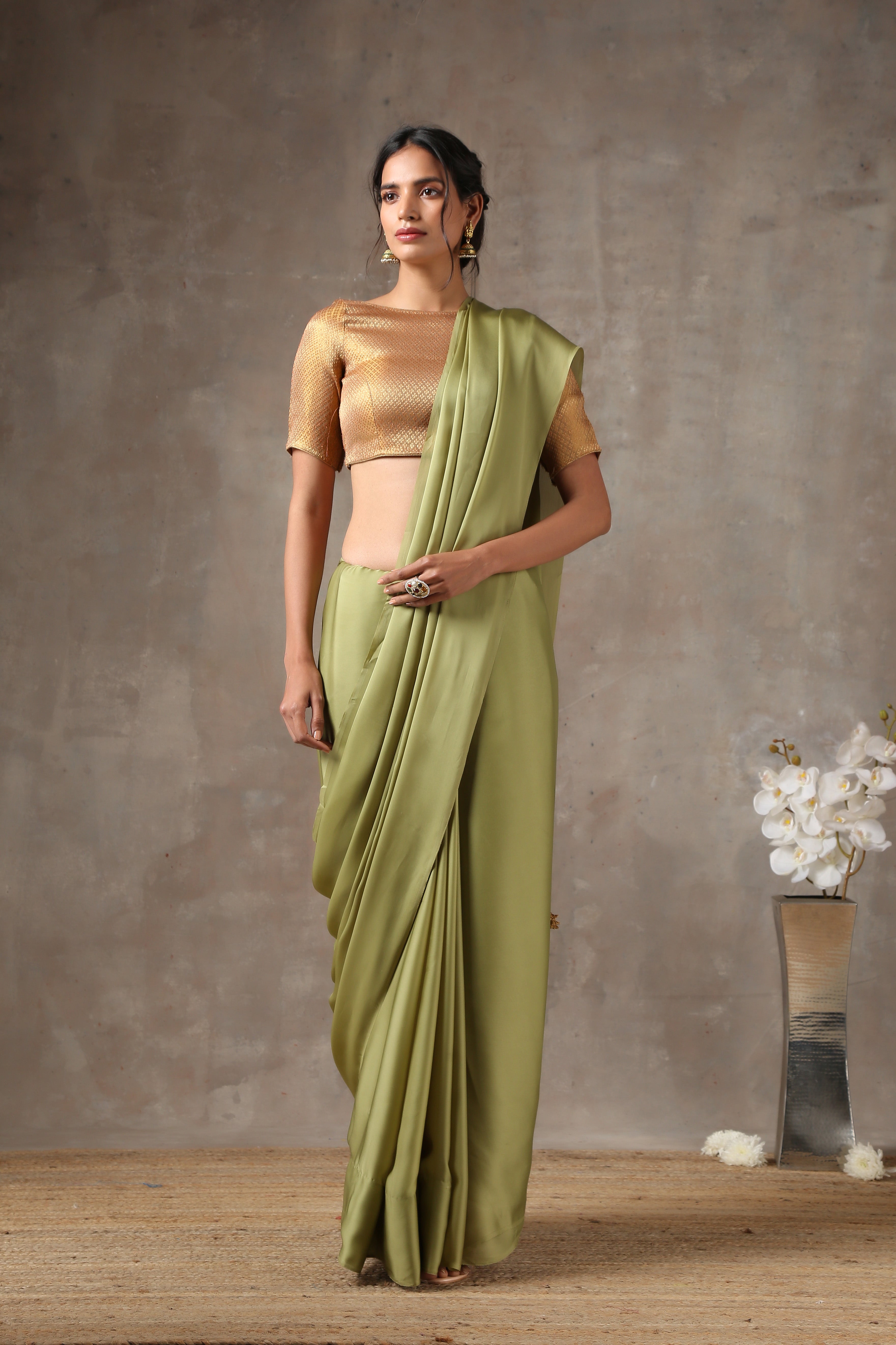 Sage angel satin saree with gold pendants