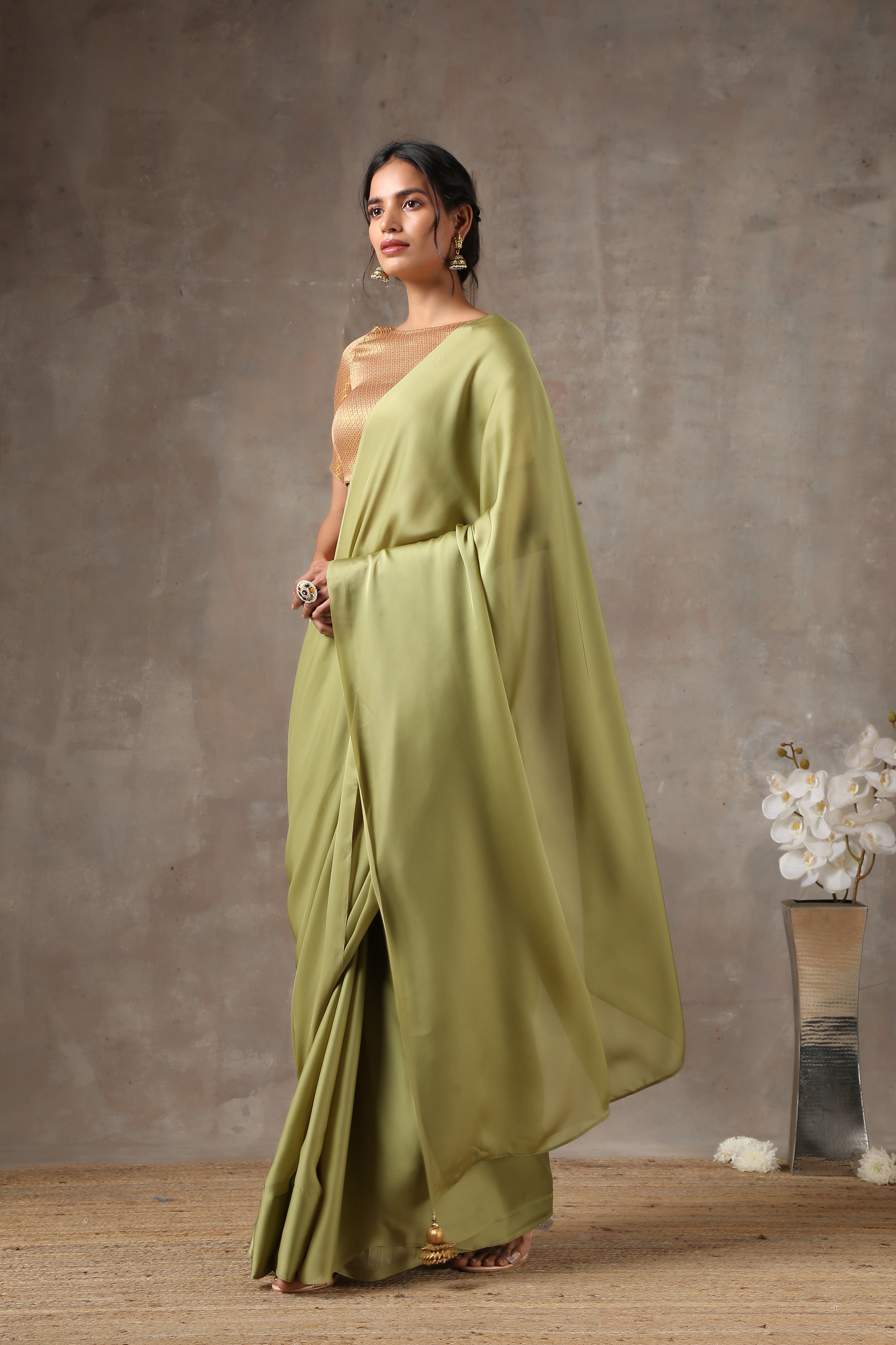 Sage angel satin saree with gold pendants — view 3