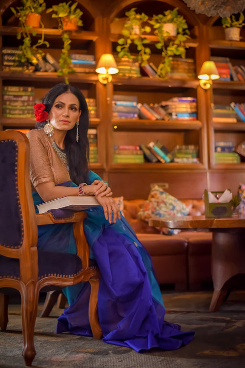 Sapphire Indigo Chanderi Saree With Blouse Fabric