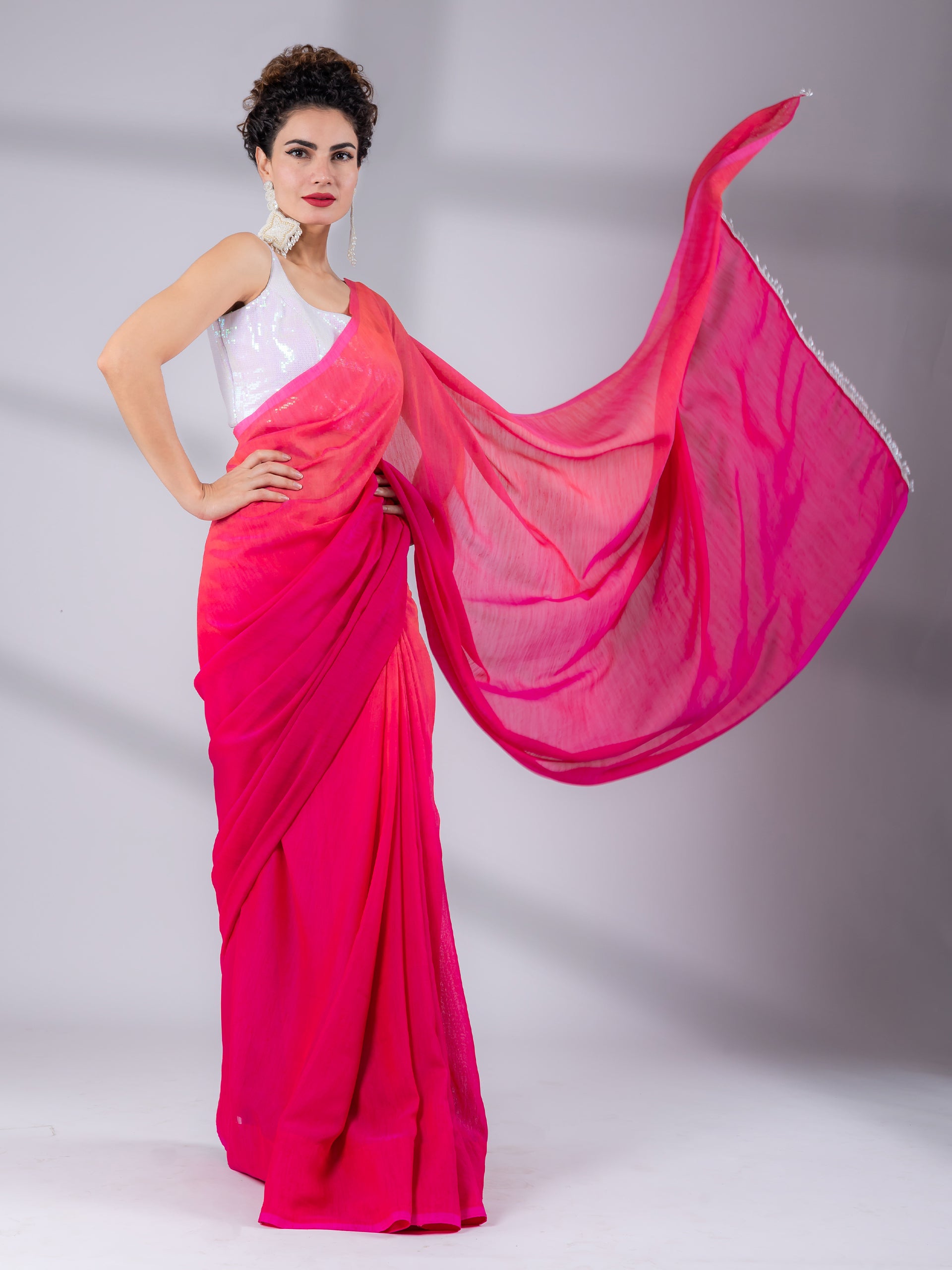 SET I Spring Pink Ombre Saree with Iridescent Sequin Square Neck Blouse - 2 Piece