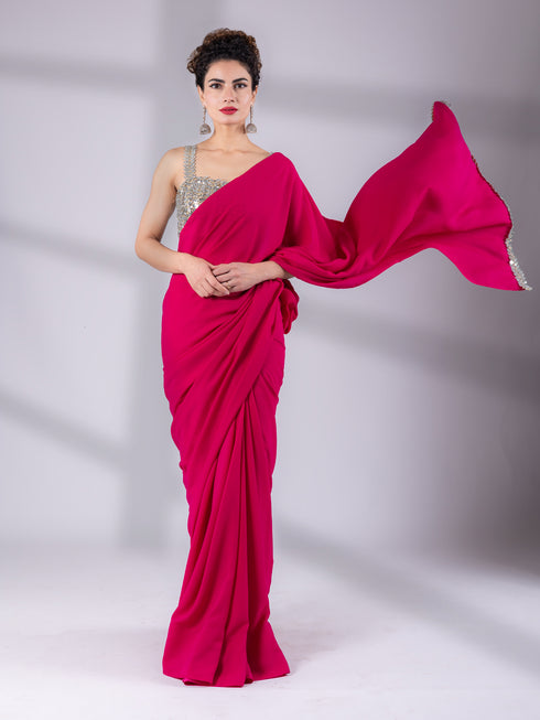 Pink Korean Saree with Mirror Lace & Blouse Fabric