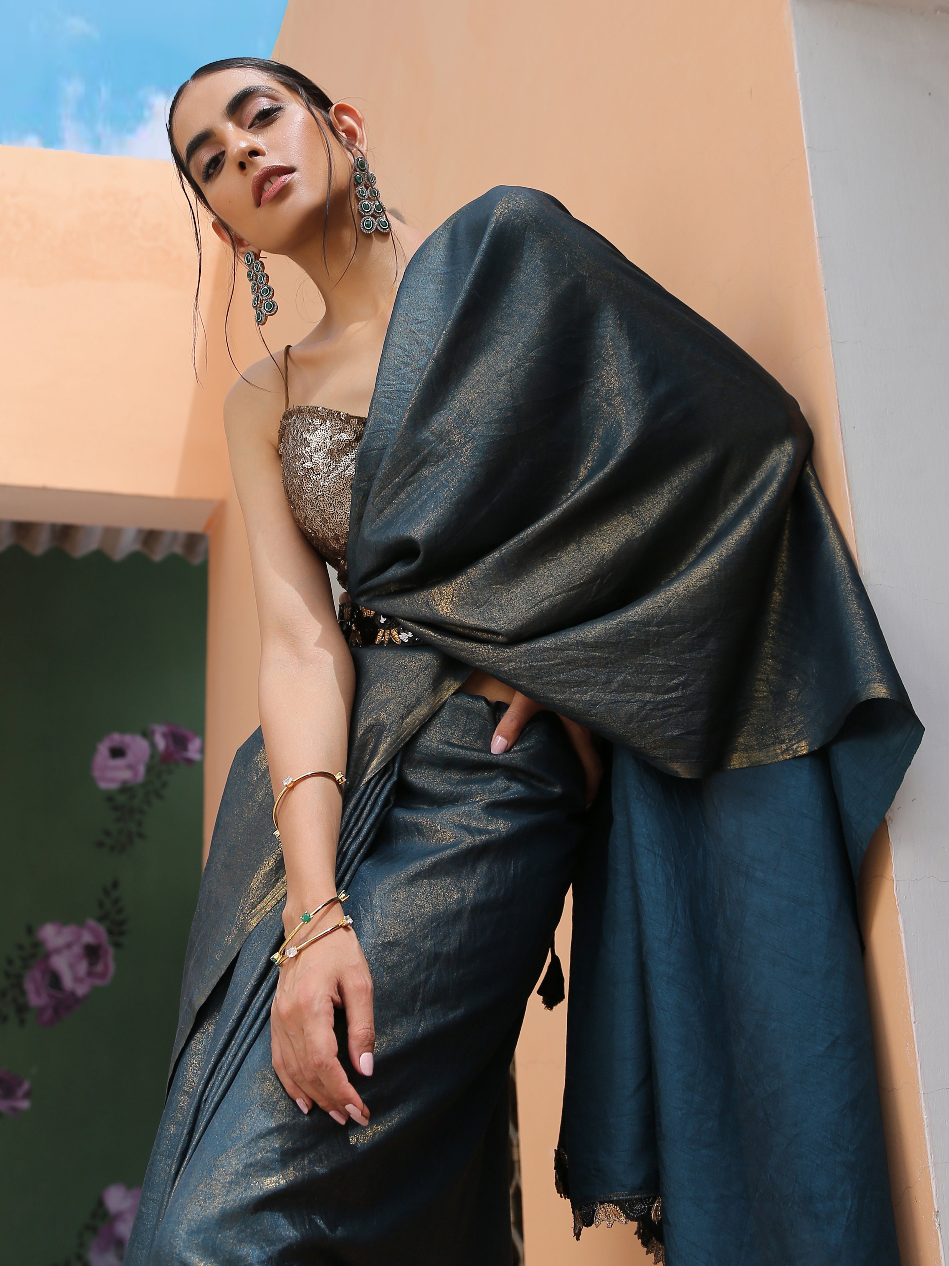 Kamakshi Gold Saree with Black Gold Lace