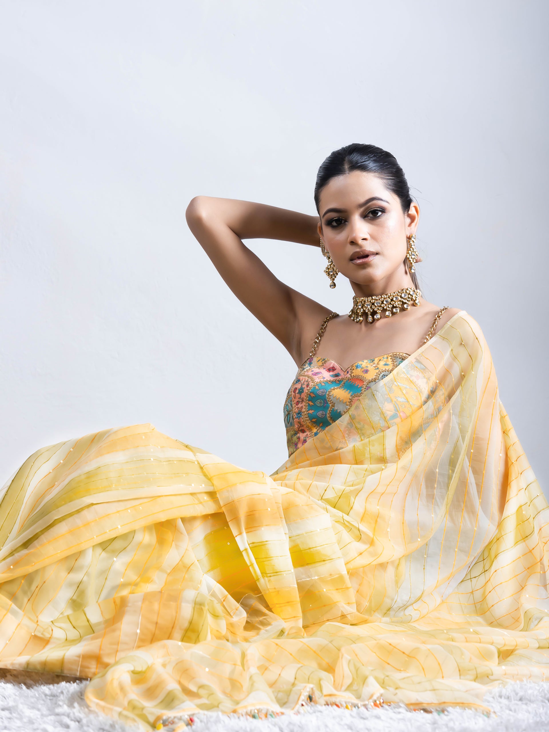 Hand Painted Green Yellow Sparkle Organza Saree with Lace & Blouse Fabric