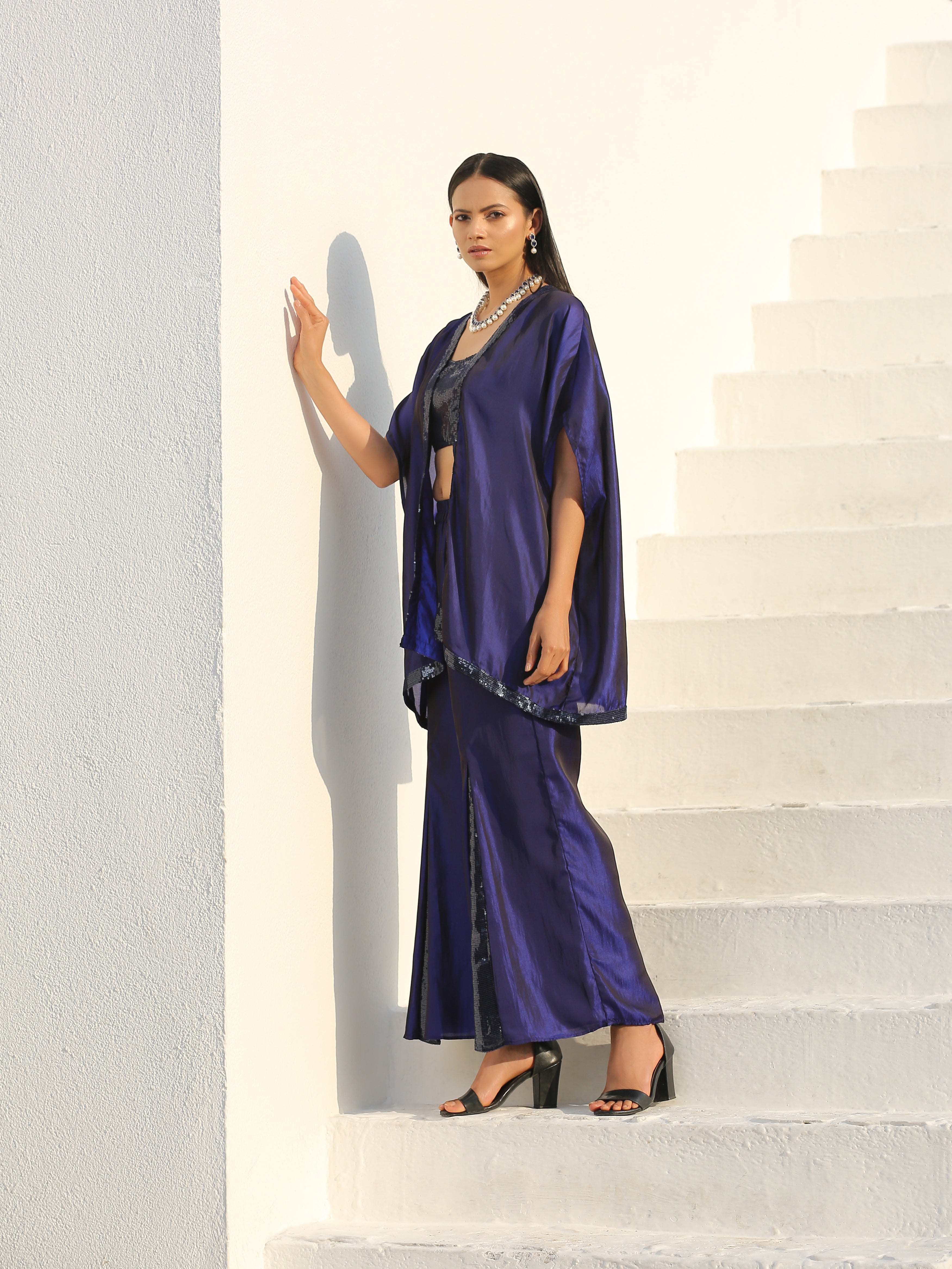 Women's Midnight & Bewildering Blue Sequin Godet Pant with Cape and Blouse 3 Piece Set | Straight Fit, Round Neck, Sleeveless, Pants, Partywear, (Sequin)