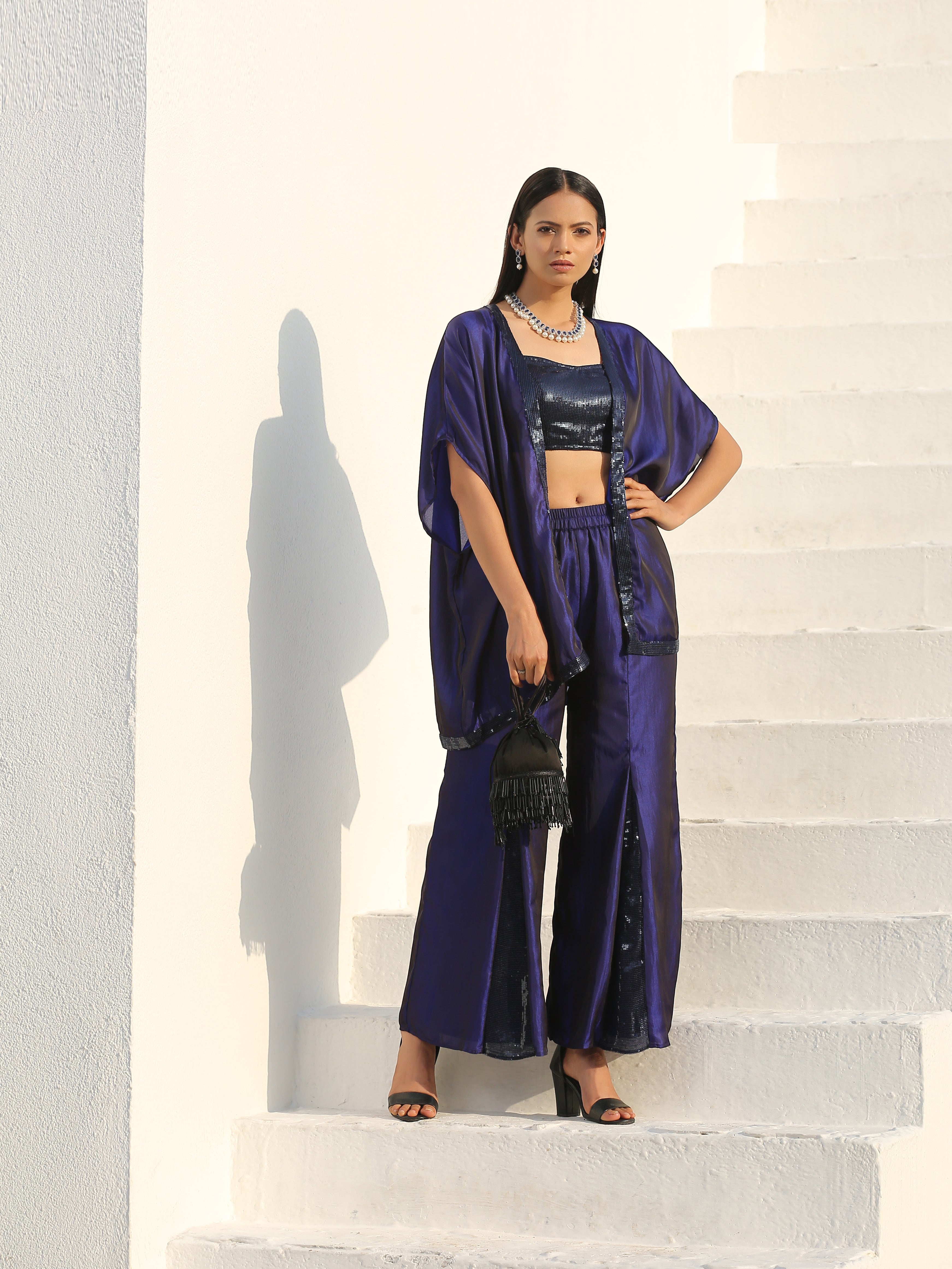 Midnight & bewildering blue sequin godet pant style with cape