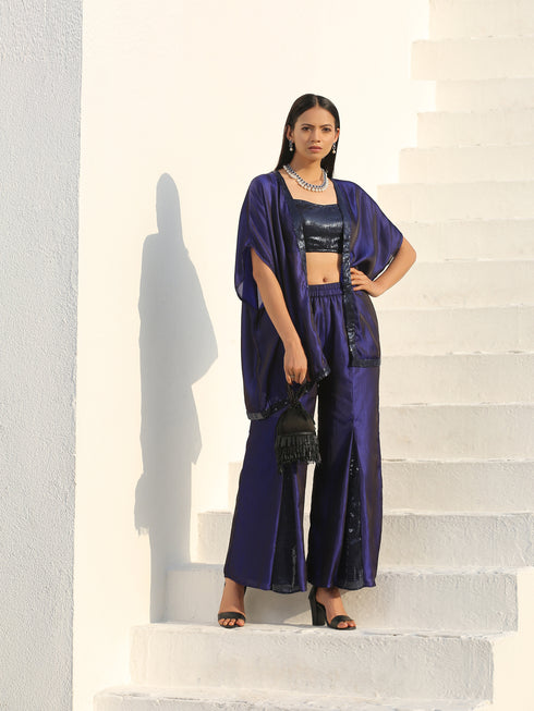 SET - Midnight & Bewildering Blue Sequin Godet Pant Style with cape + Blouse