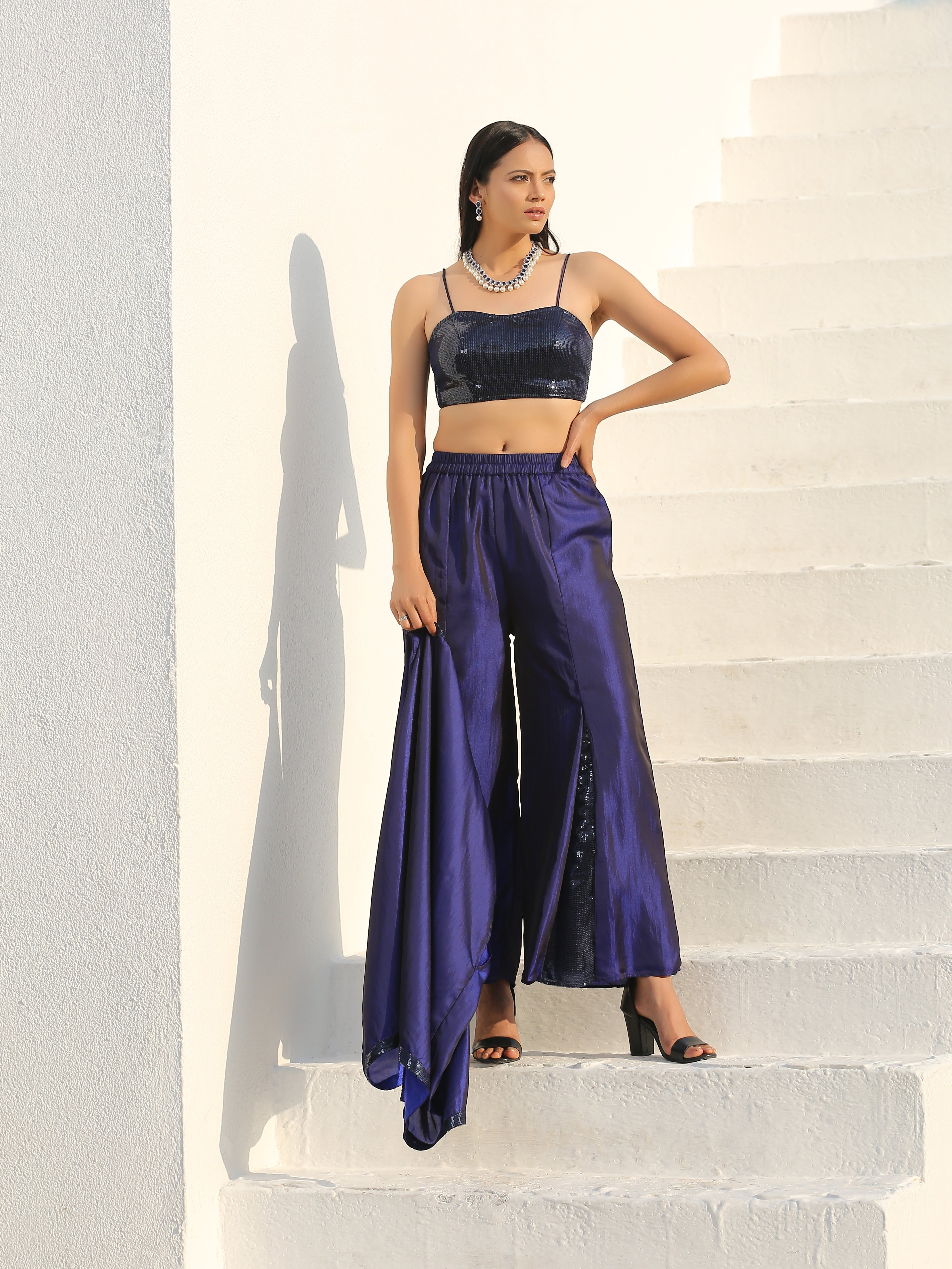 Women's Midnight & Bewildering Blue Sequin Godet Pant with Cape and Blouse 3 Piece Set | Straight Fit, Round Neck, Sleeveless, Pants, Partywear, (Sequin)
