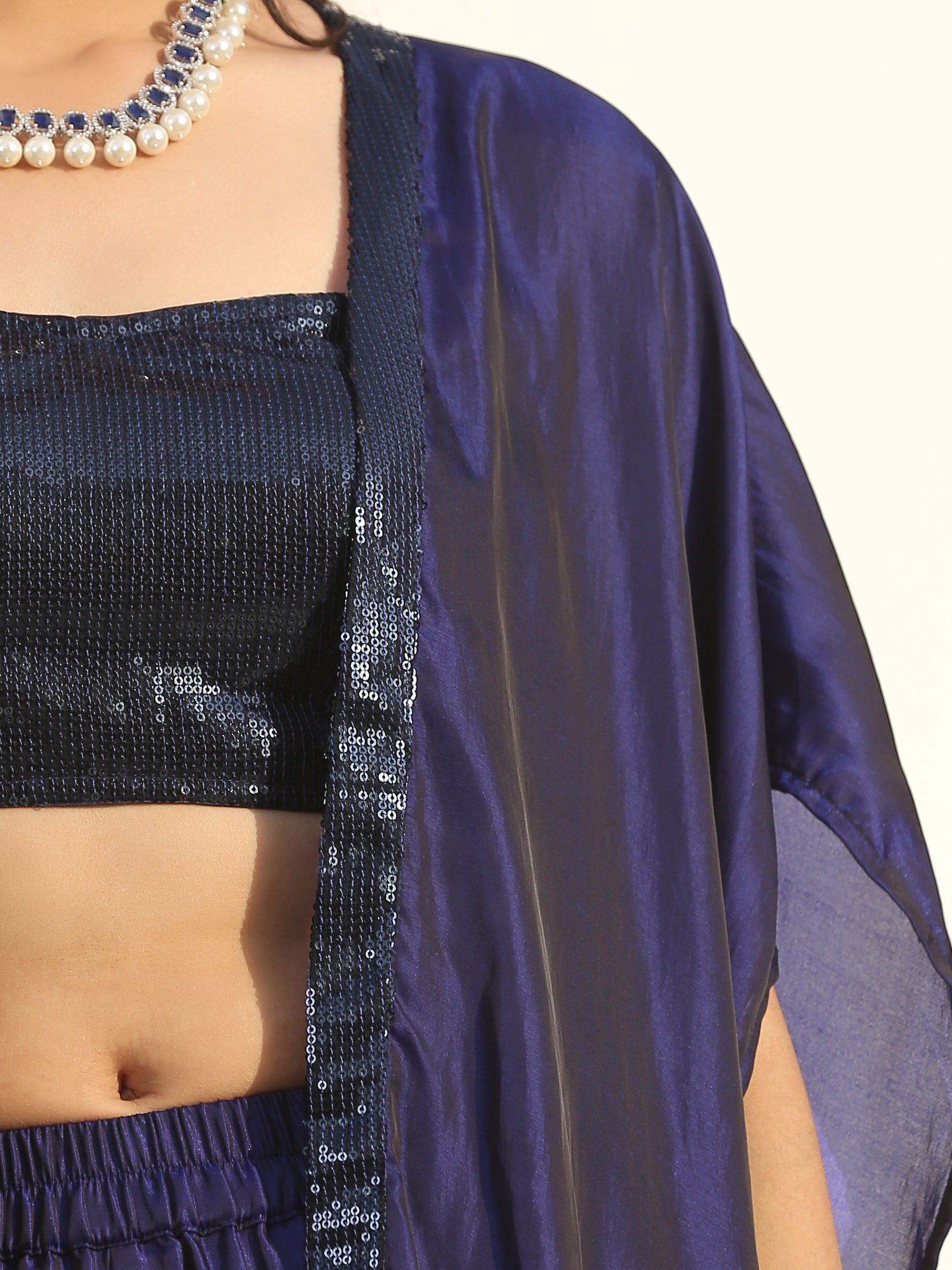 Midnight & bewildering blue sequin godet pant style with cape — view 7
