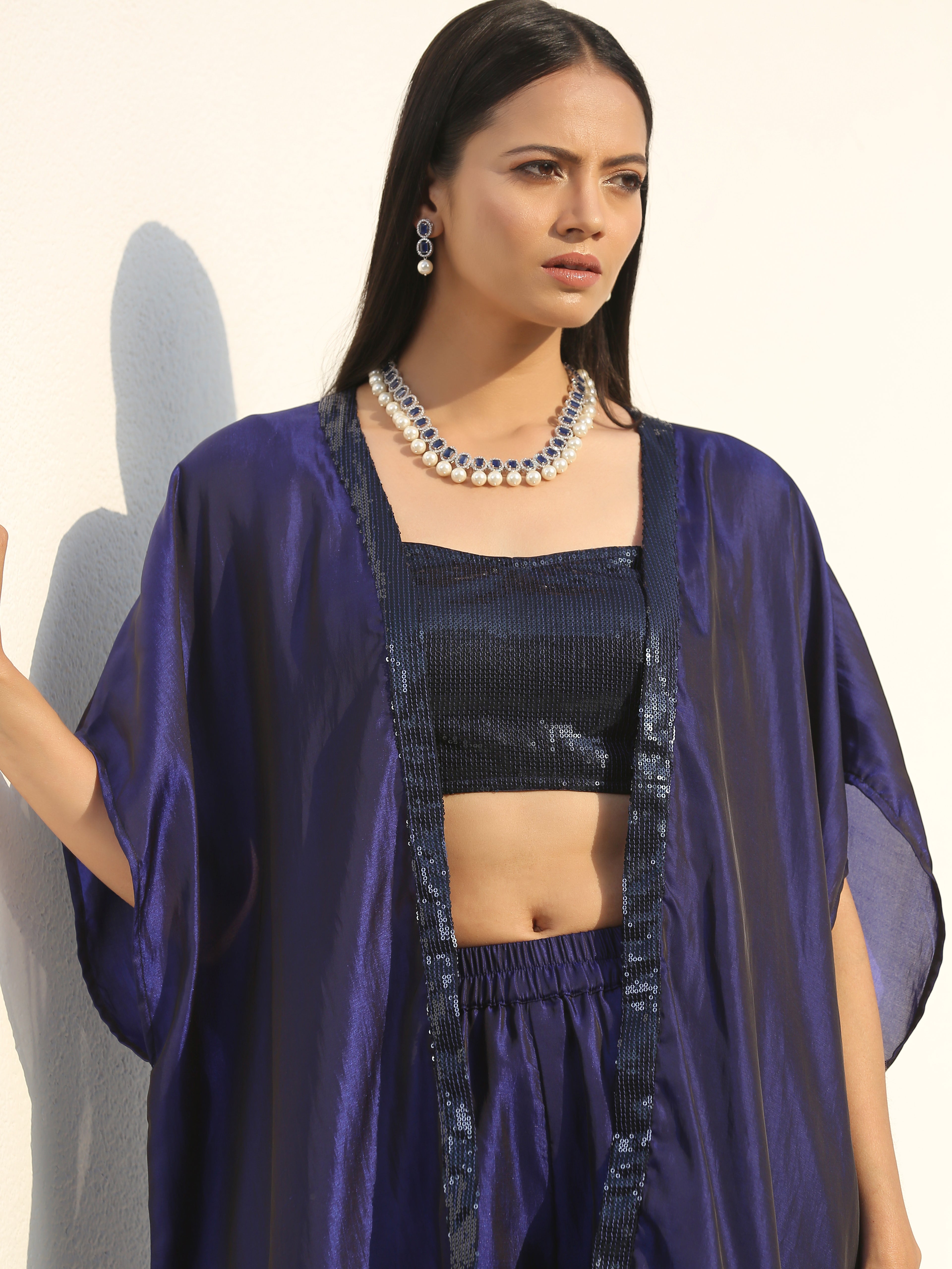 Women's Midnight & Bewildering Blue Sequin Godet Pant with Cape and Blouse 3 Piece Set | Straight Fit, Round Neck, Sleeveless, Pants, Partywear, (Sequin)