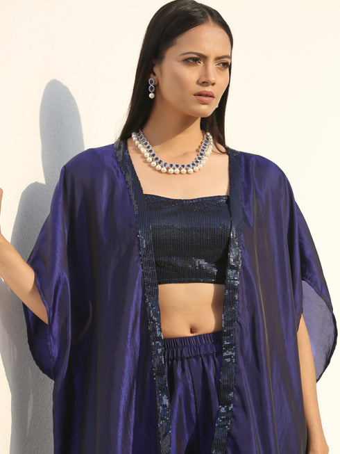 SET - Midnight & Bewildering Blue Sequin Godet Pant Style with cape + Blouse