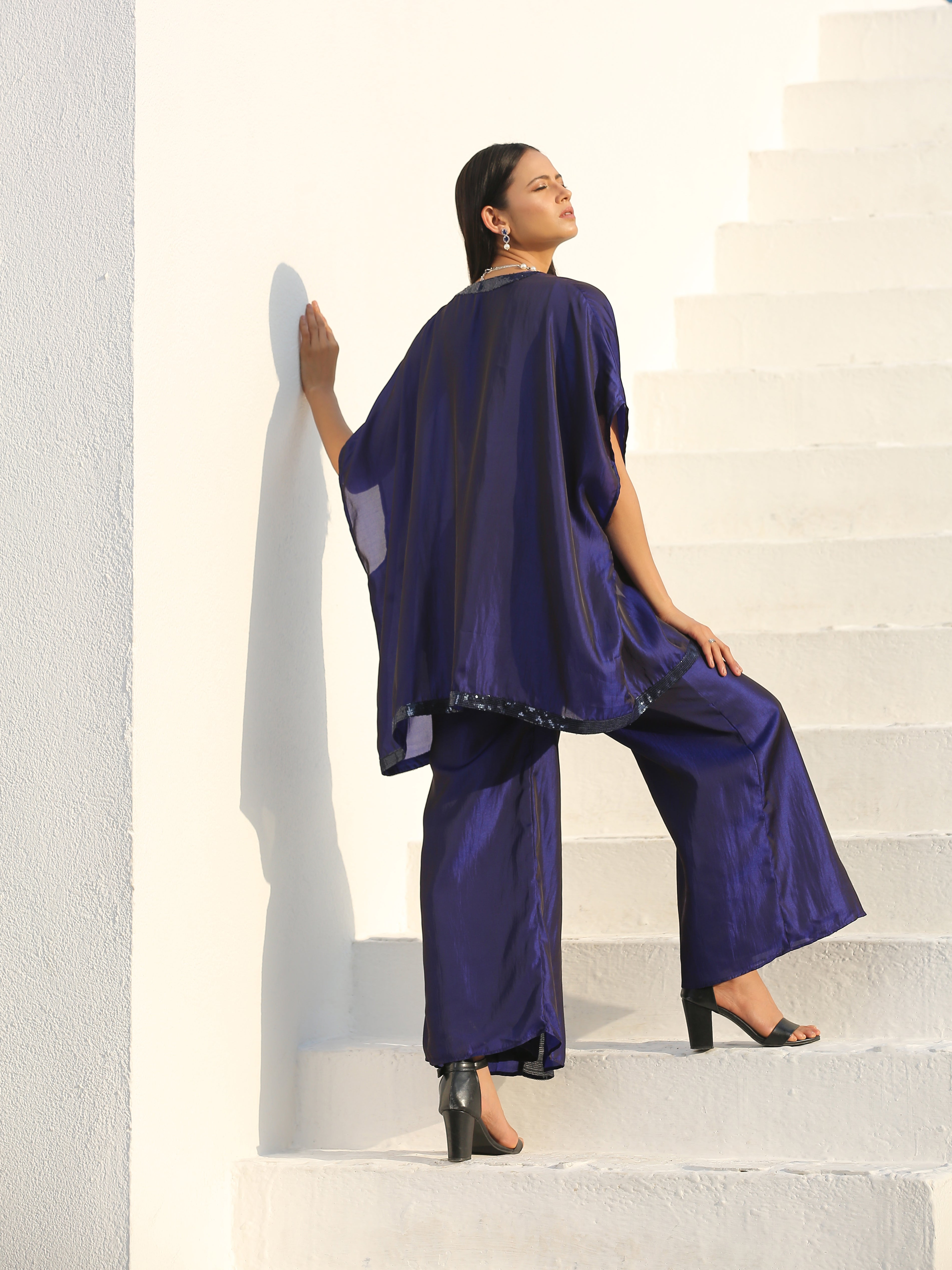 Women's Midnight & Bewildering Blue Sequin Godet Pant with Cape and Blouse 3 Piece Set | Straight Fit, Round Neck, Sleeveless, Pants, Partywear, (Sequin)