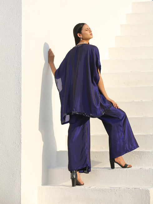 SET - Midnight & Bewildering Blue Sequin Godet Pant Style with cape + Blouse
