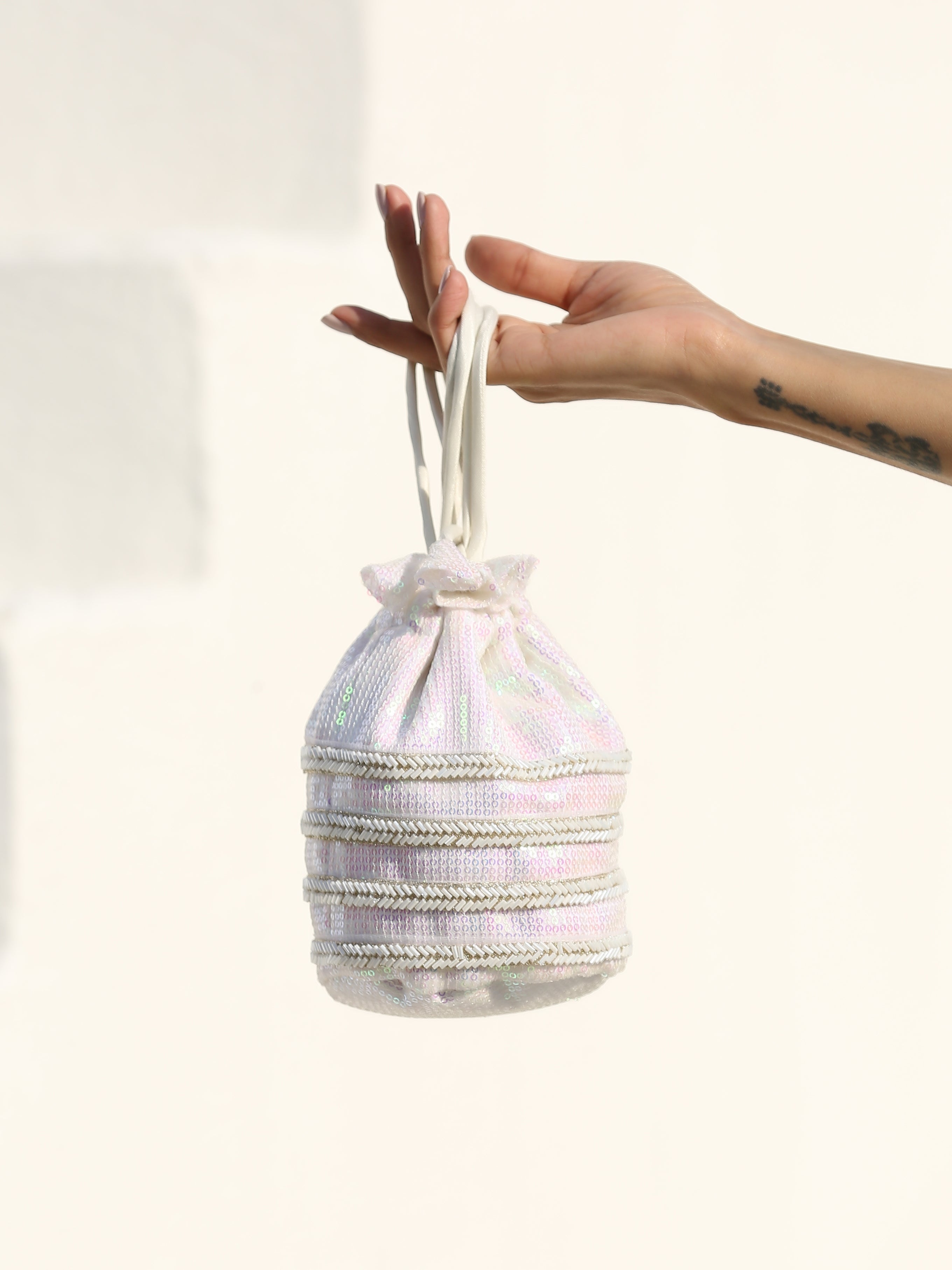 Potli - Iridescent Sequin with White Lace