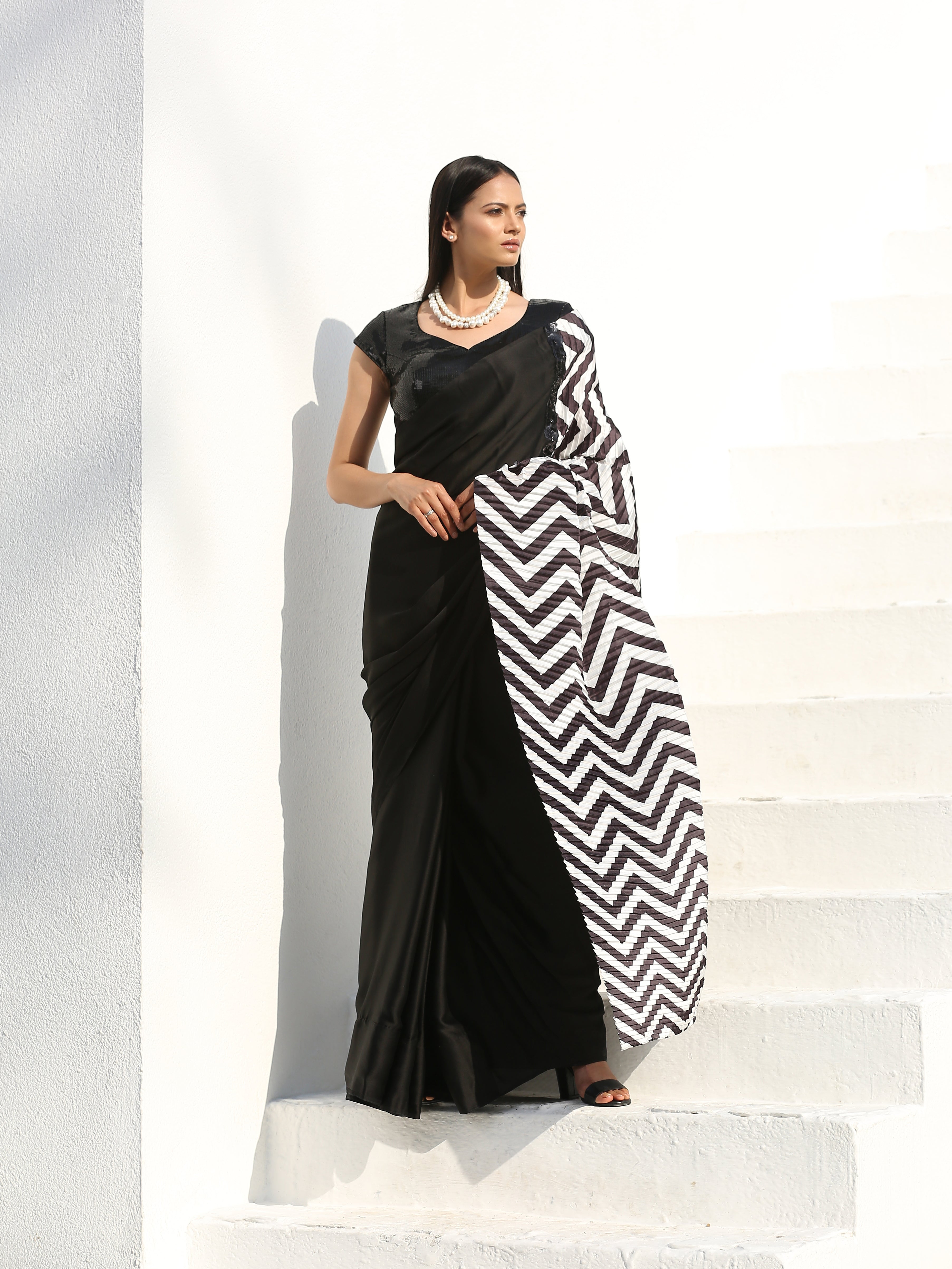 Bold chevron & black satin saree