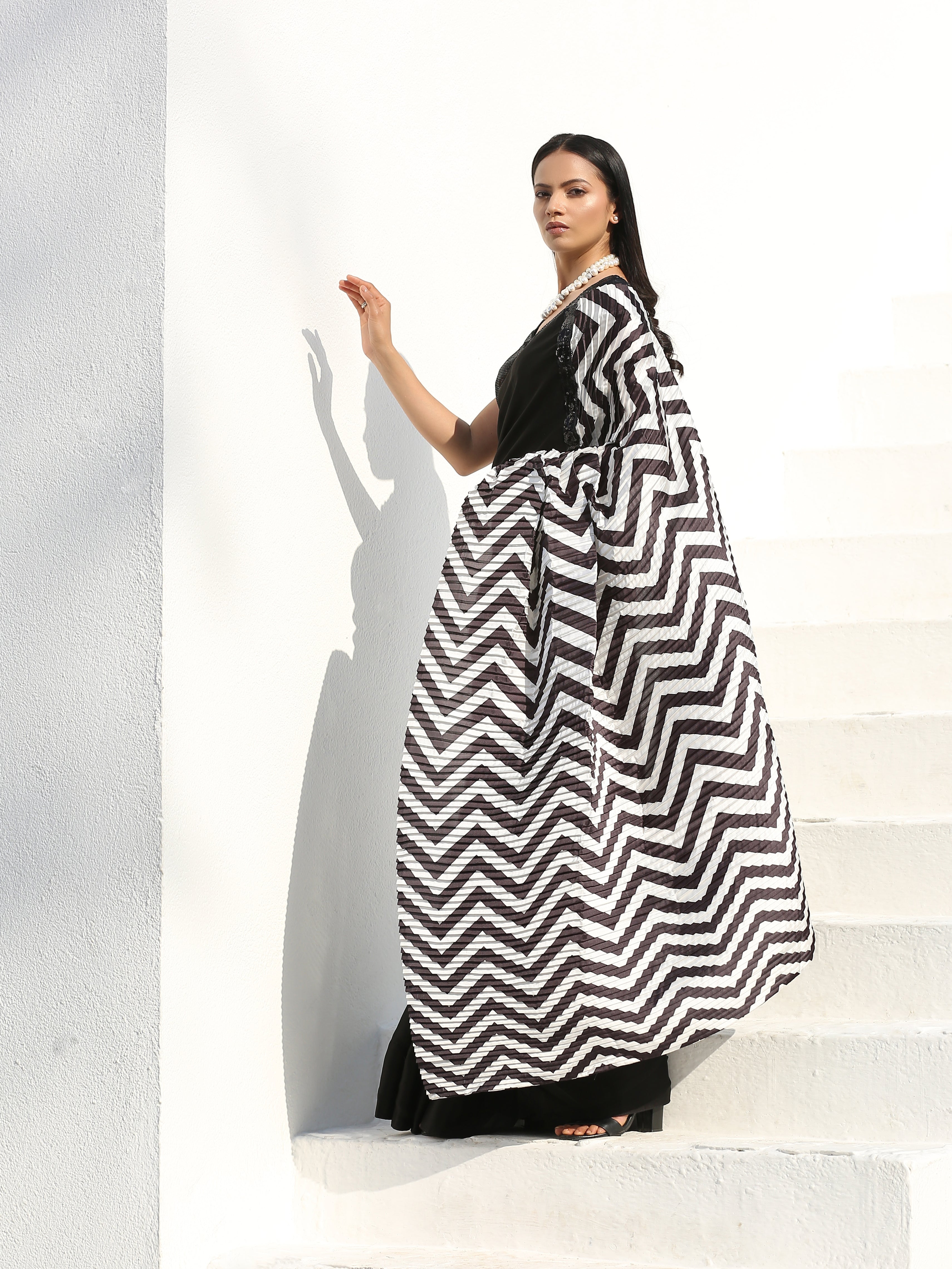 Bold chevron & black satin saree — view 3