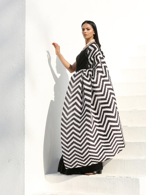 SET | BOLD Chevron & Black Satin Saree +Sequin Cap Sleeve Blouse