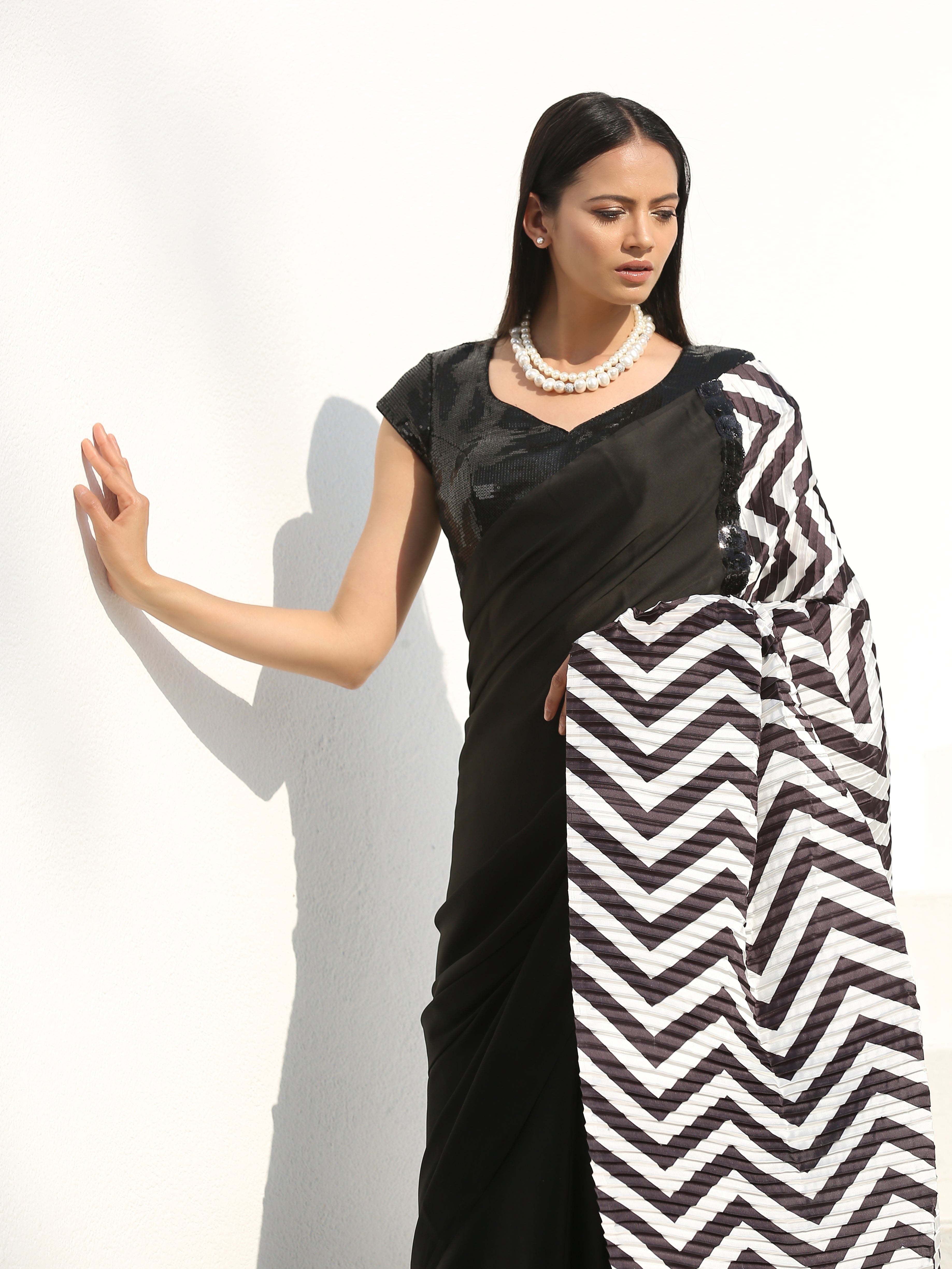 SET | BOLD Chevron & Black Satin Saree +Sequin Cap Sleeve Blouse