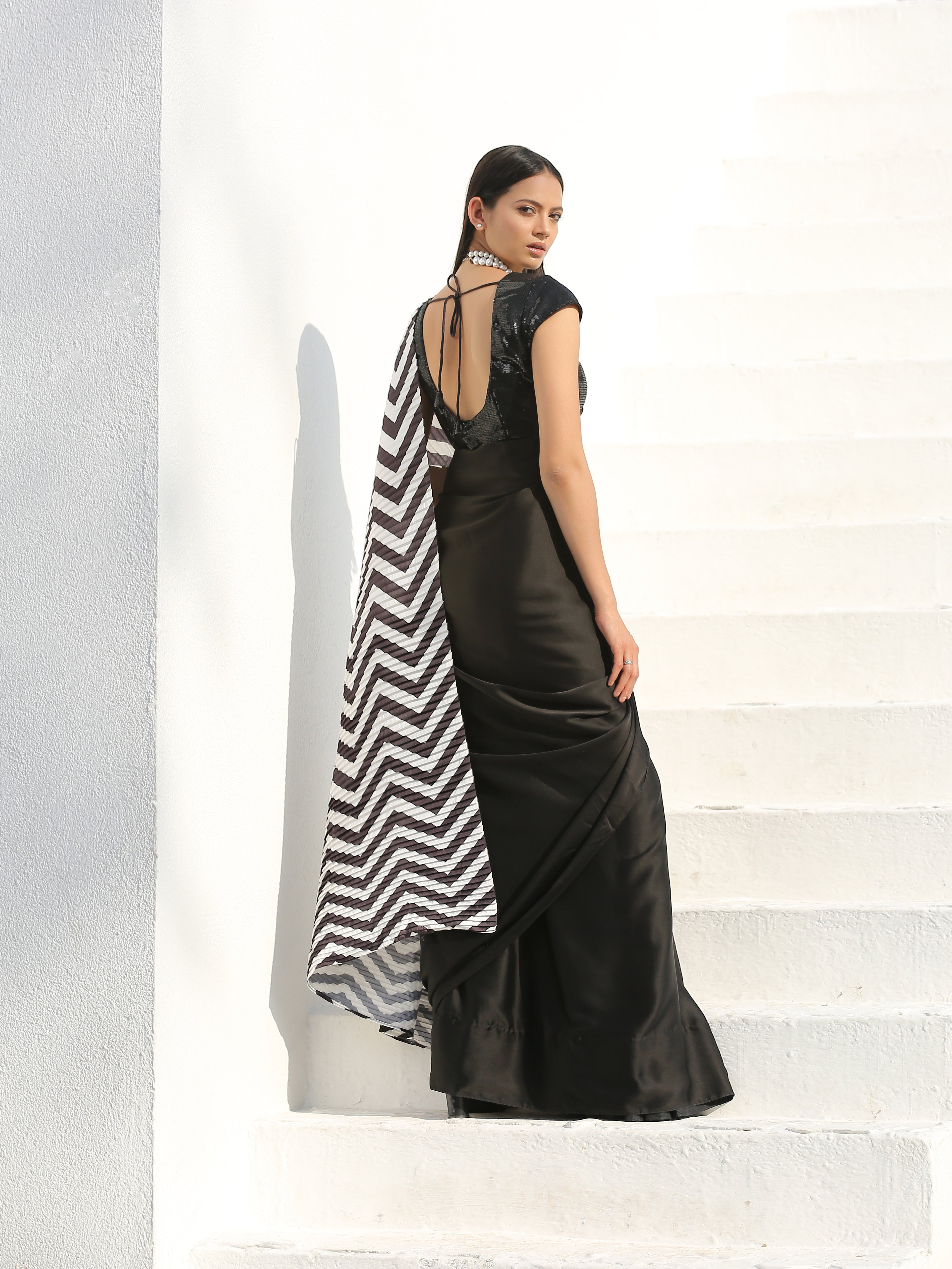 Bold chevron & black satin saree — view 4