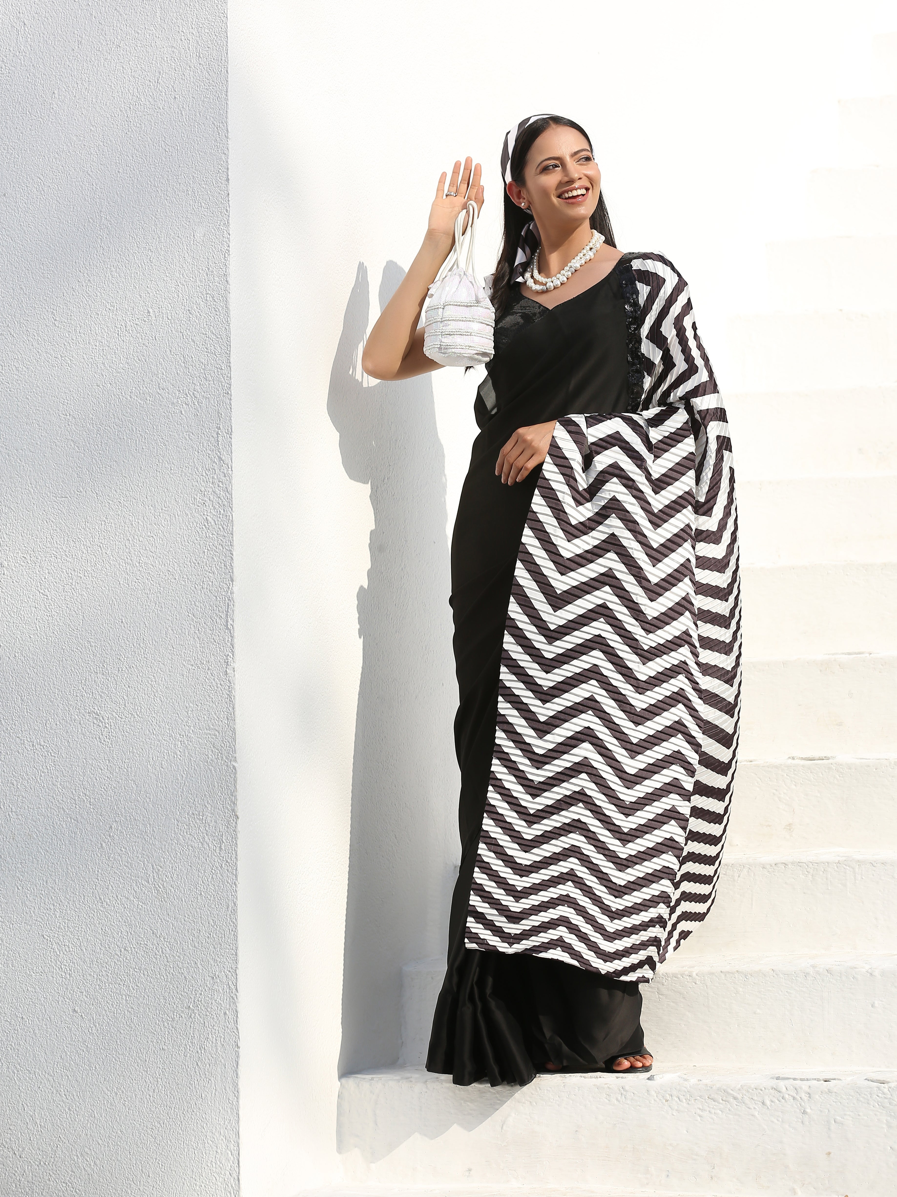 Bold chevron & black satin saree — view 6