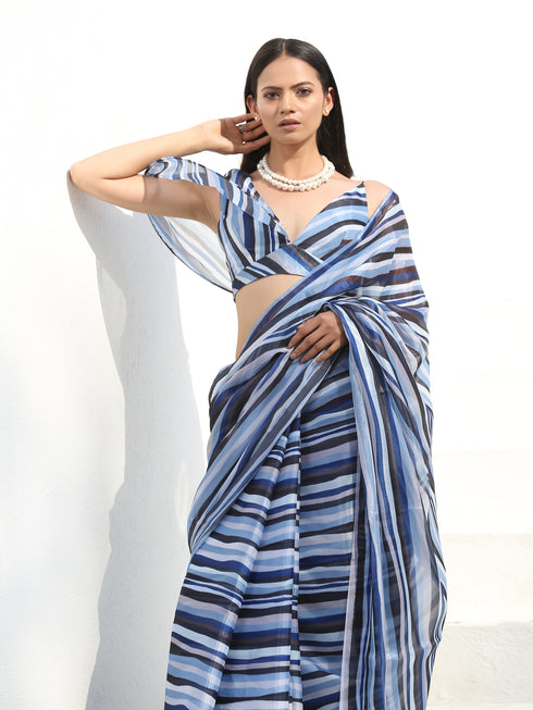 Blouse - Shades of Blue One Shoulder Sleeve Blouse
