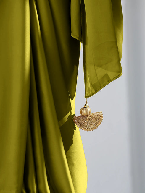 SET | Lime Satin Saree with Gold Flat Pendants + Multicolor Blouse + Multicolor Belt