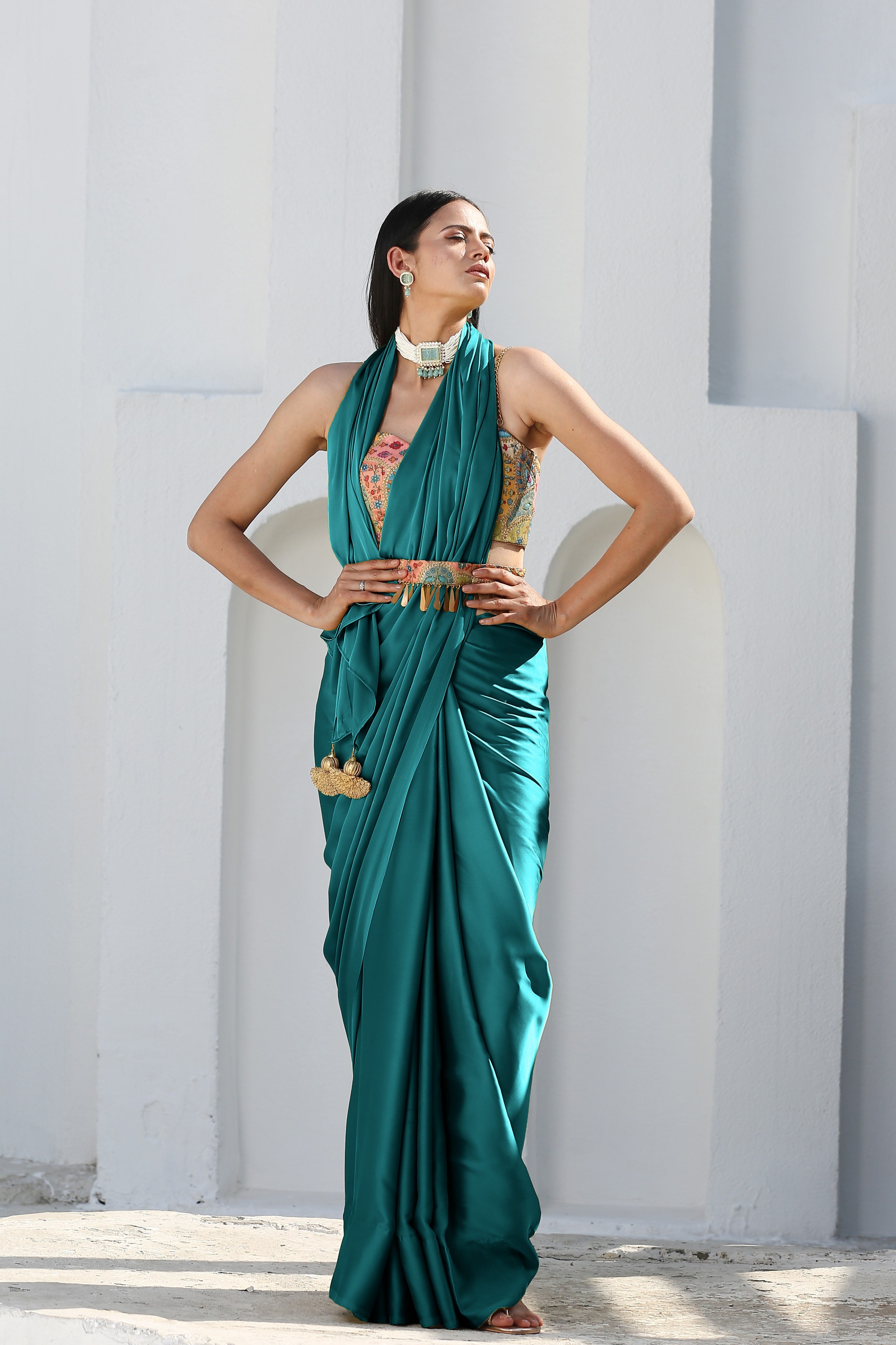 Mystic Blue Satin Saree