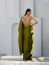 SET | Lime Satin Saree with Gold Flat Pendants + Multicolor Blouse + Multicolor Belt
