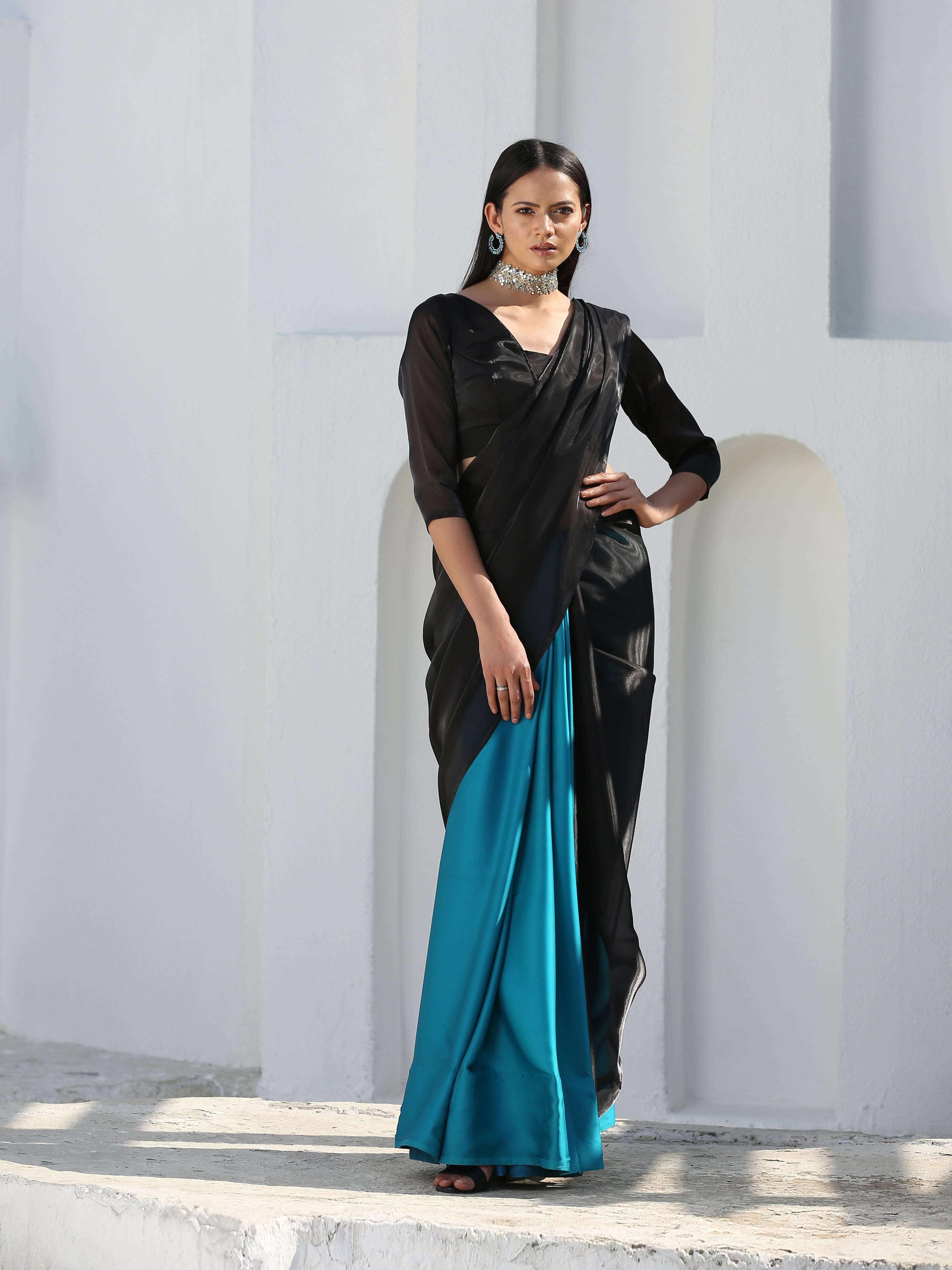 Mystic blue & black saree — view 5