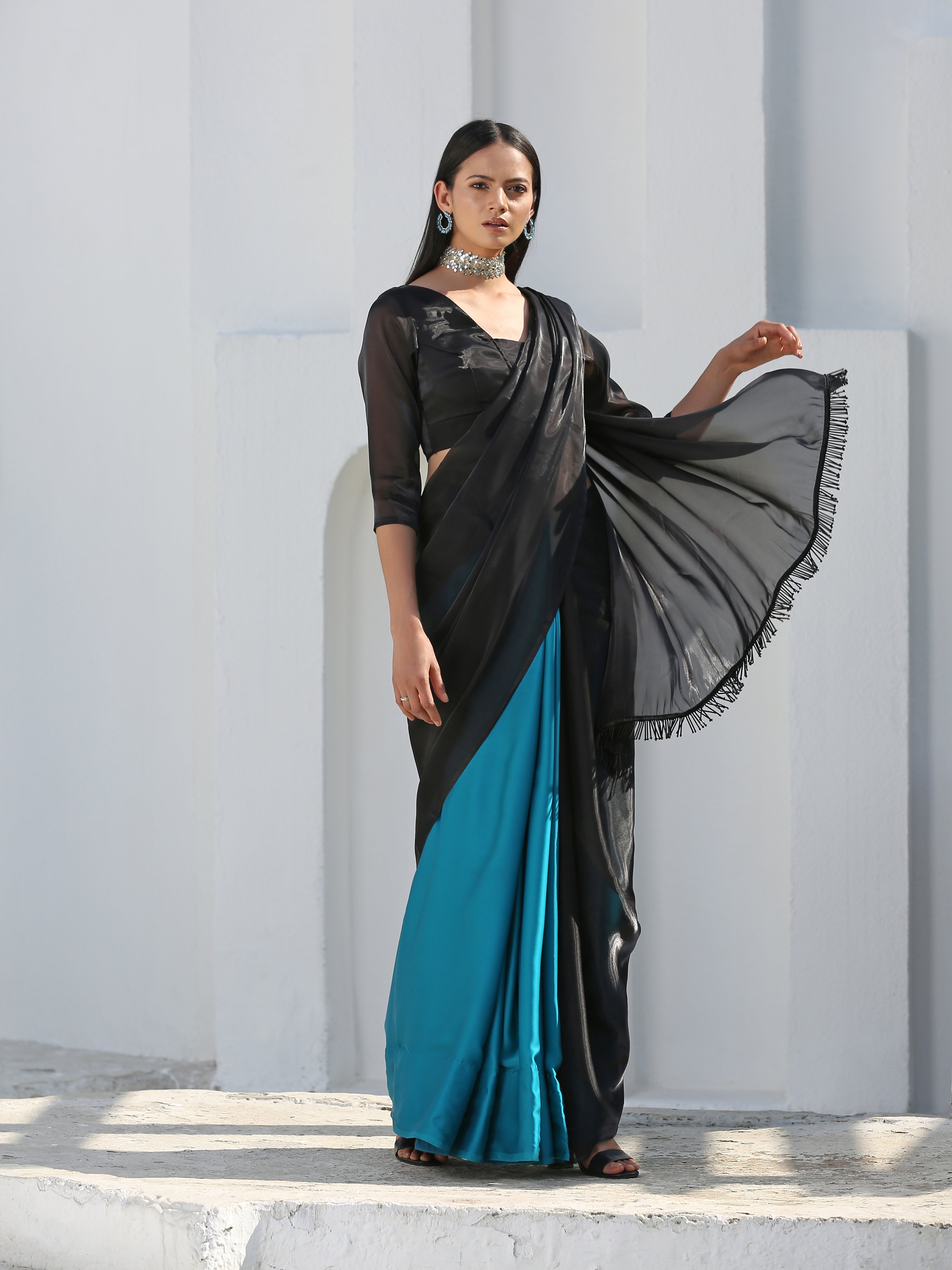 Mystic blue & black saree