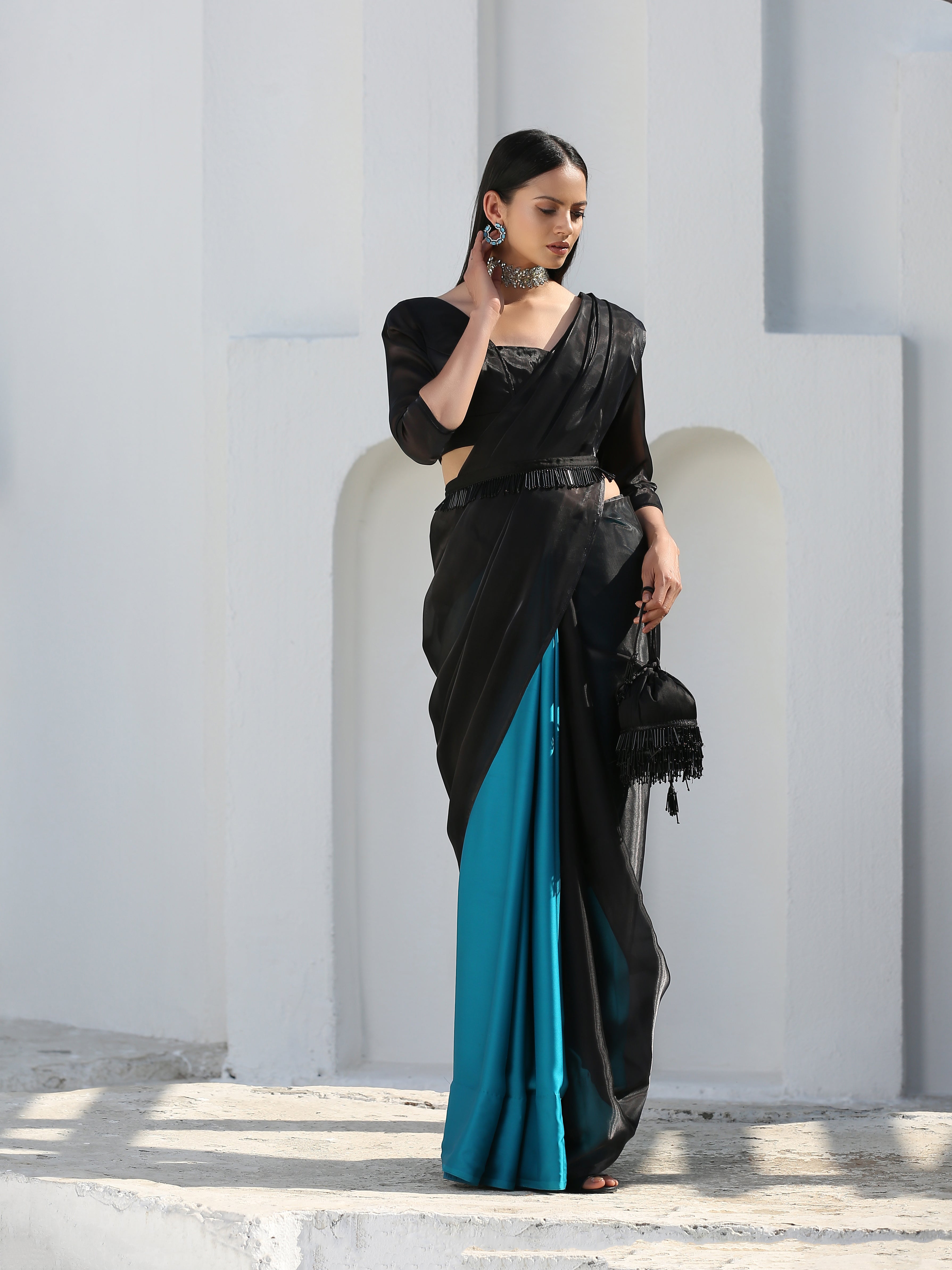 Mystic blue & black saree — view 3