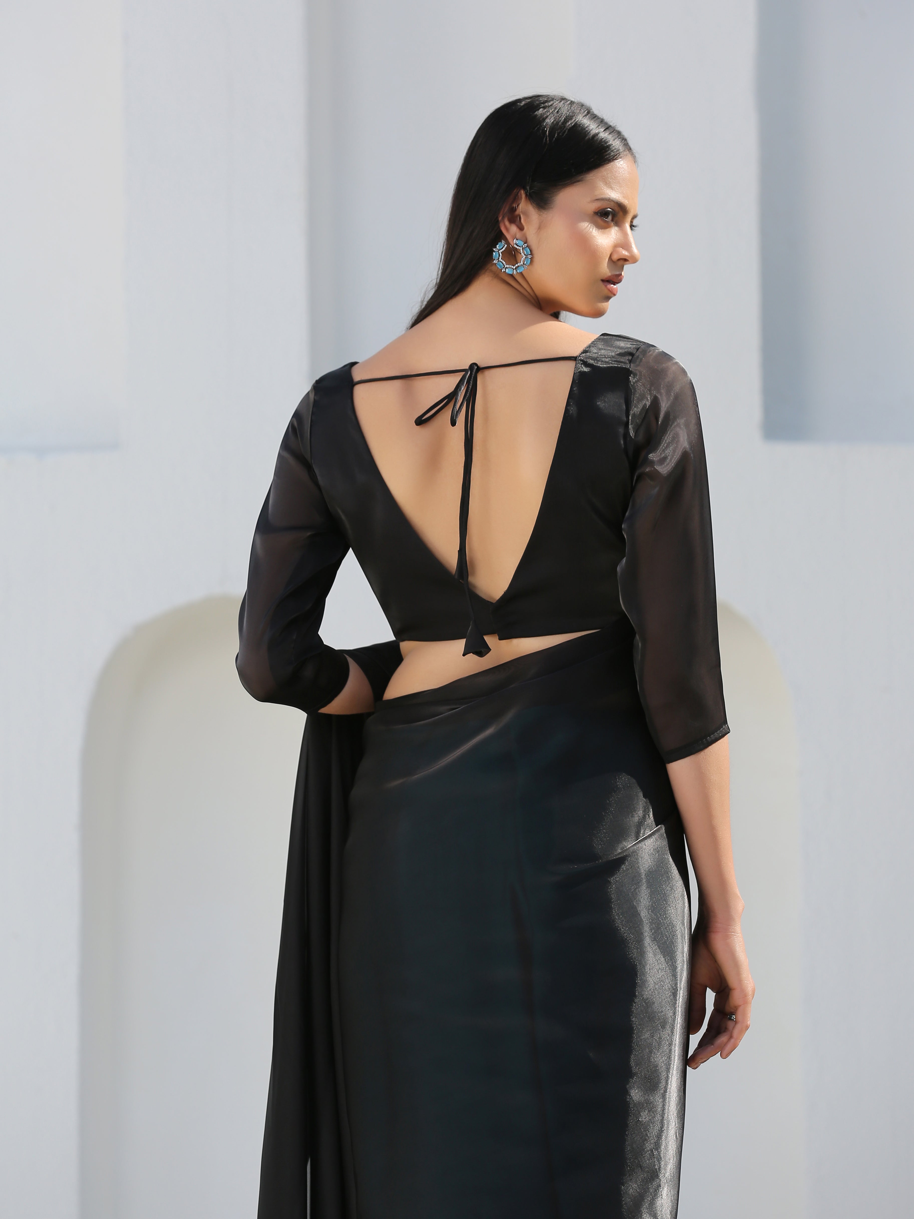Blouse - Raven Black Organza V Neck