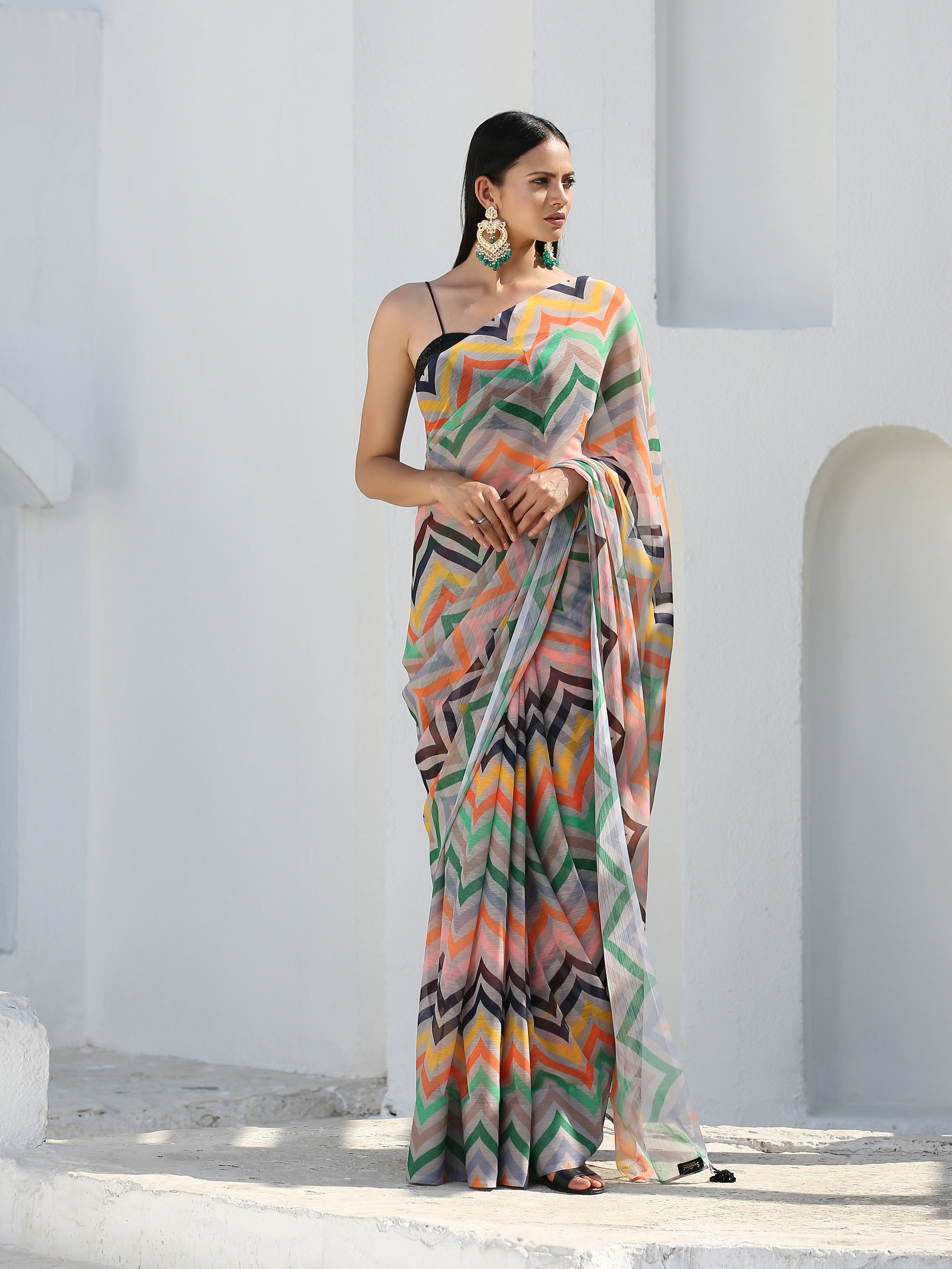 SET I Crayon Chiffon Saree with Pendants + Black Sequin Blouse