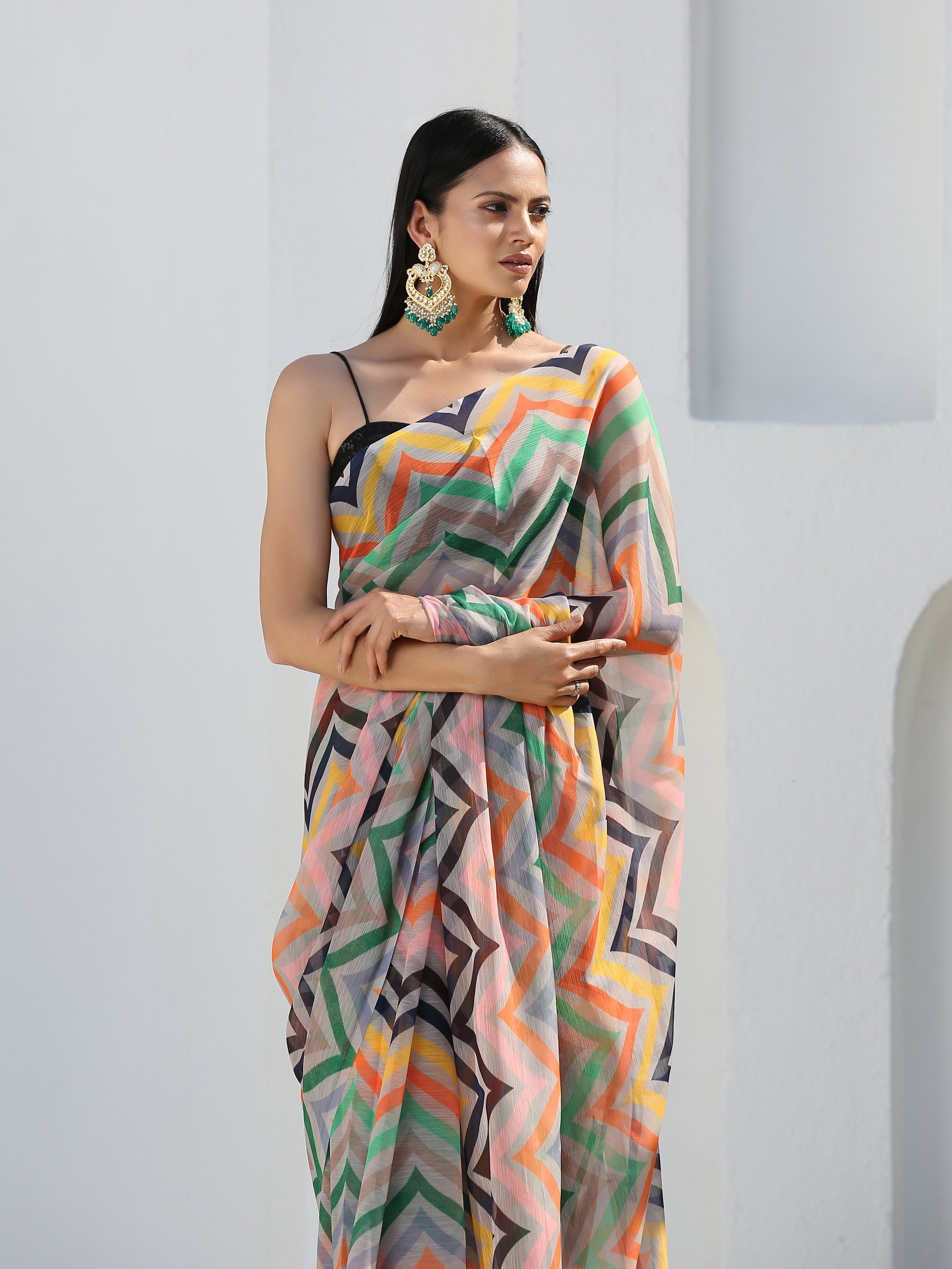 SET I Crayon Chiffon Saree with Pendants + Black Sequin Blouse