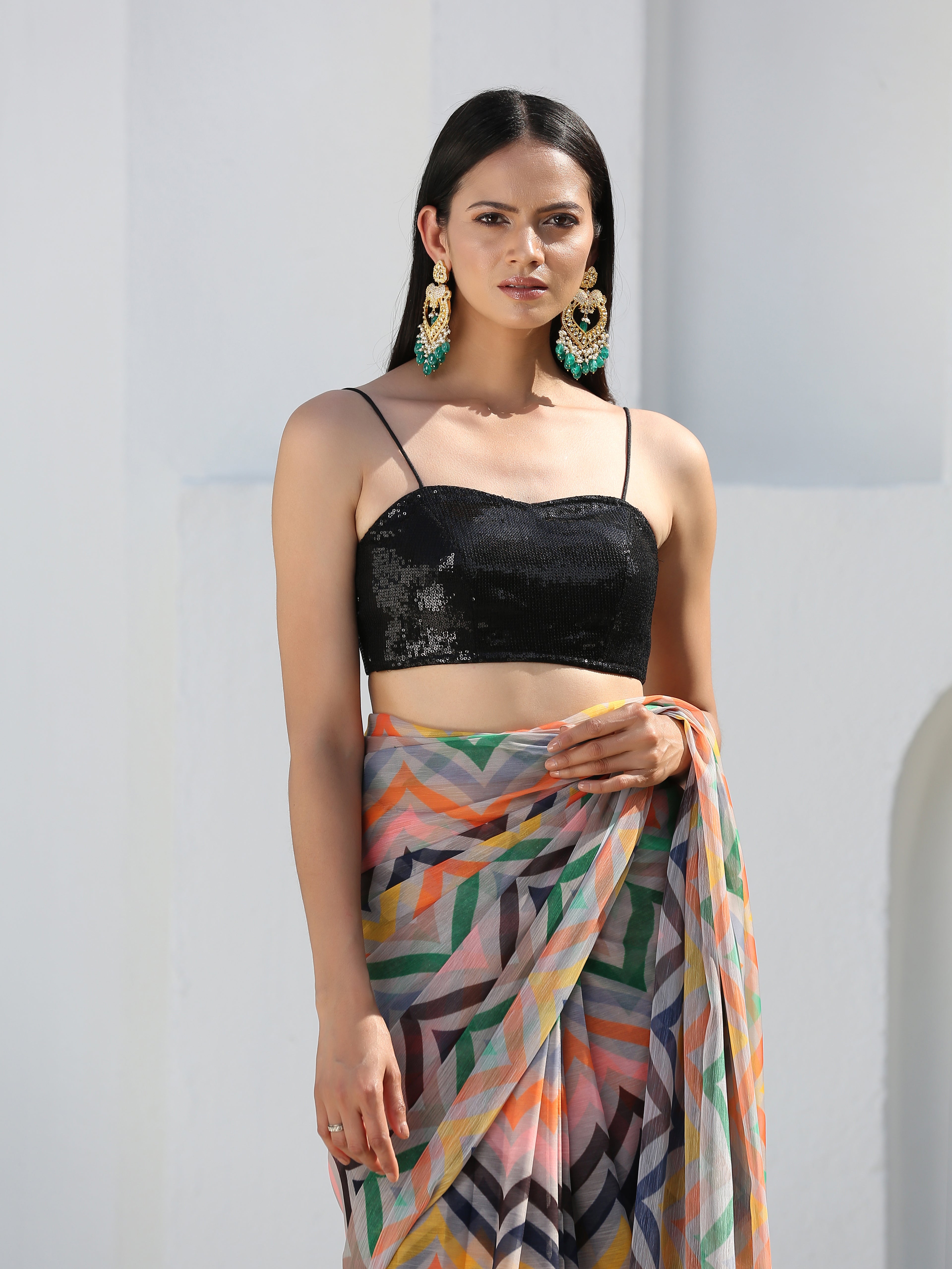 SET I Crayon Chiffon Saree with Pendants + Black Sequin Blouse