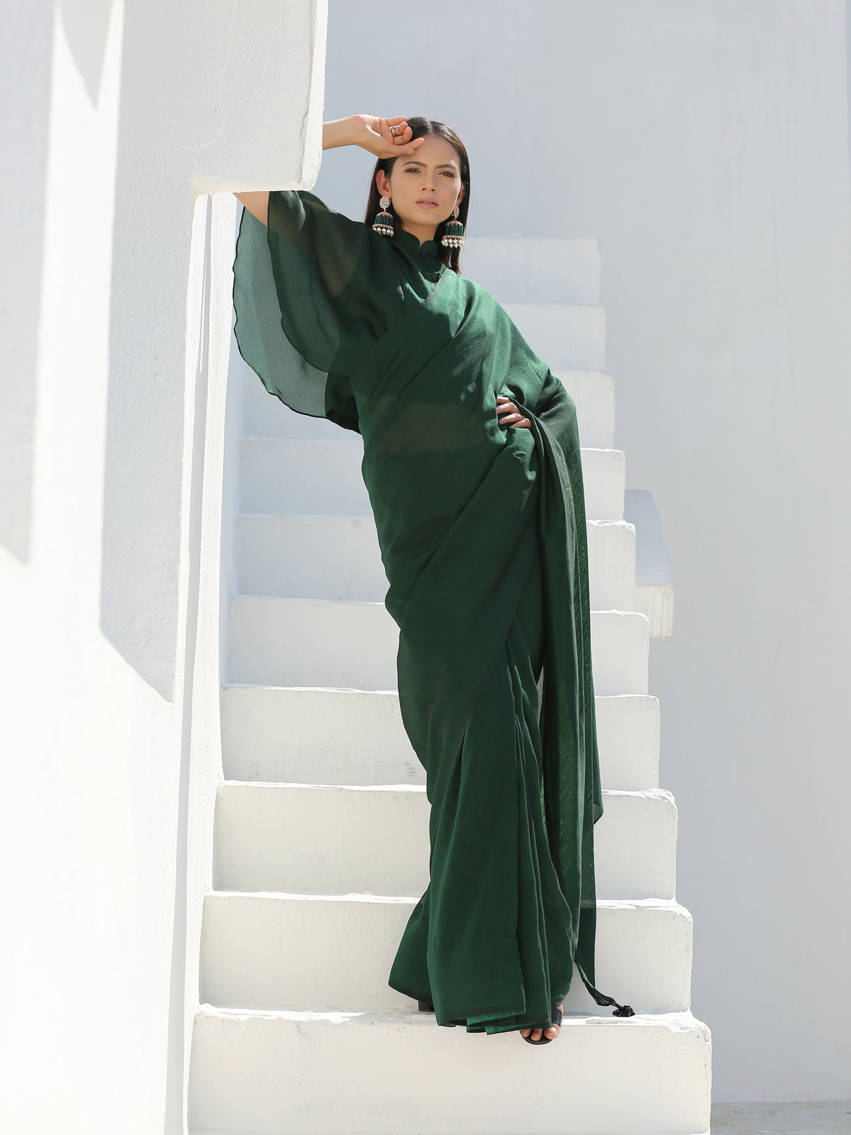 Lush green shimmer saree — view 5
