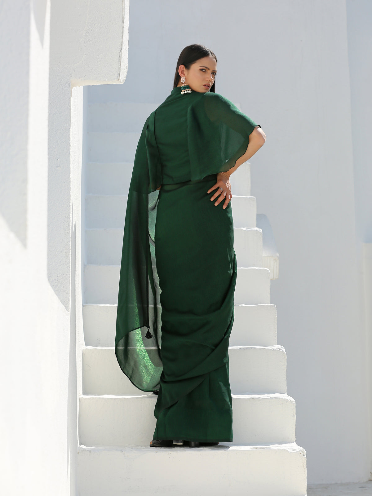 Lush green shimmer saree — view 3