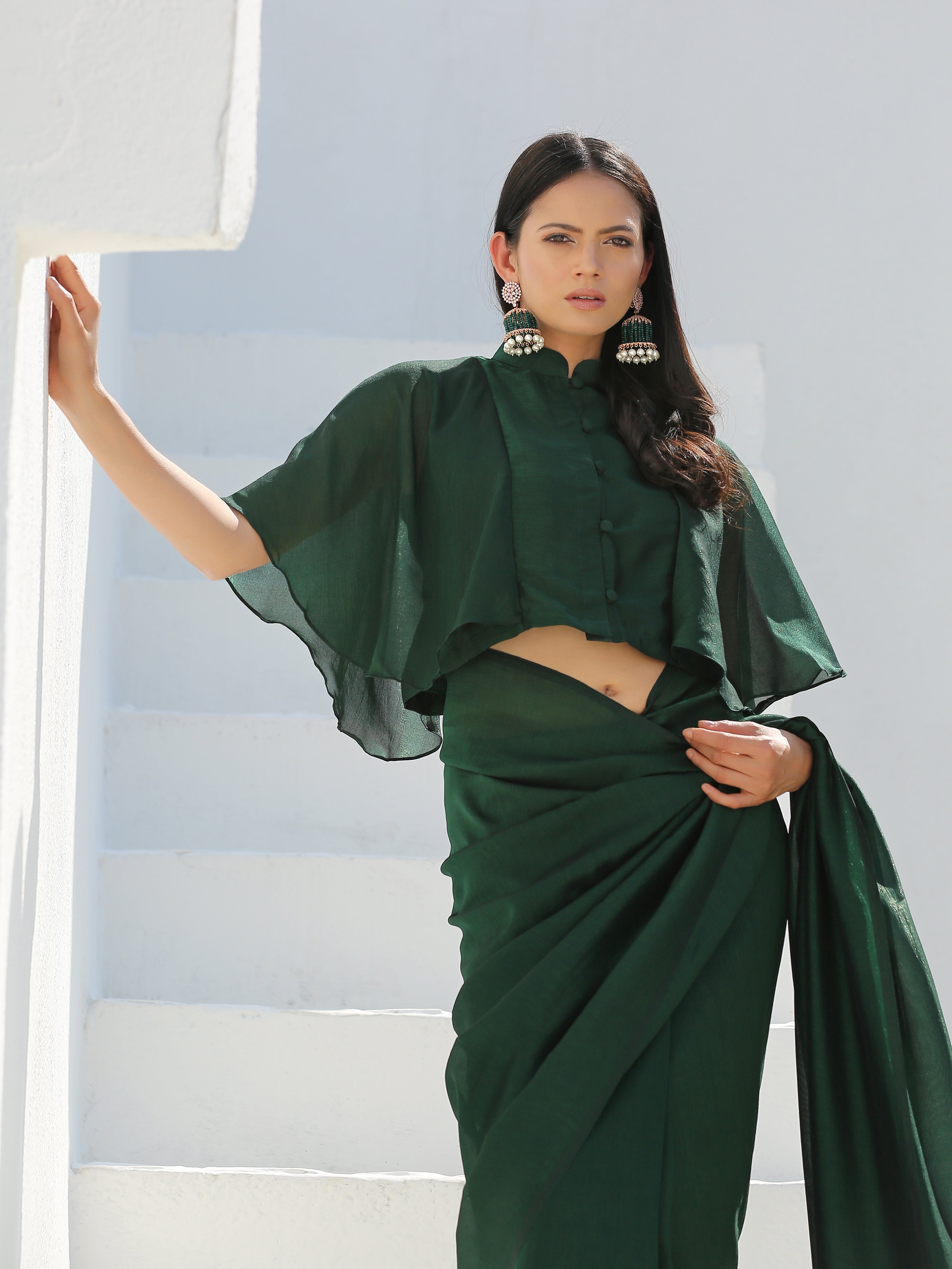 SET | Lush Green Shimmer Saree + Blouse + Belt