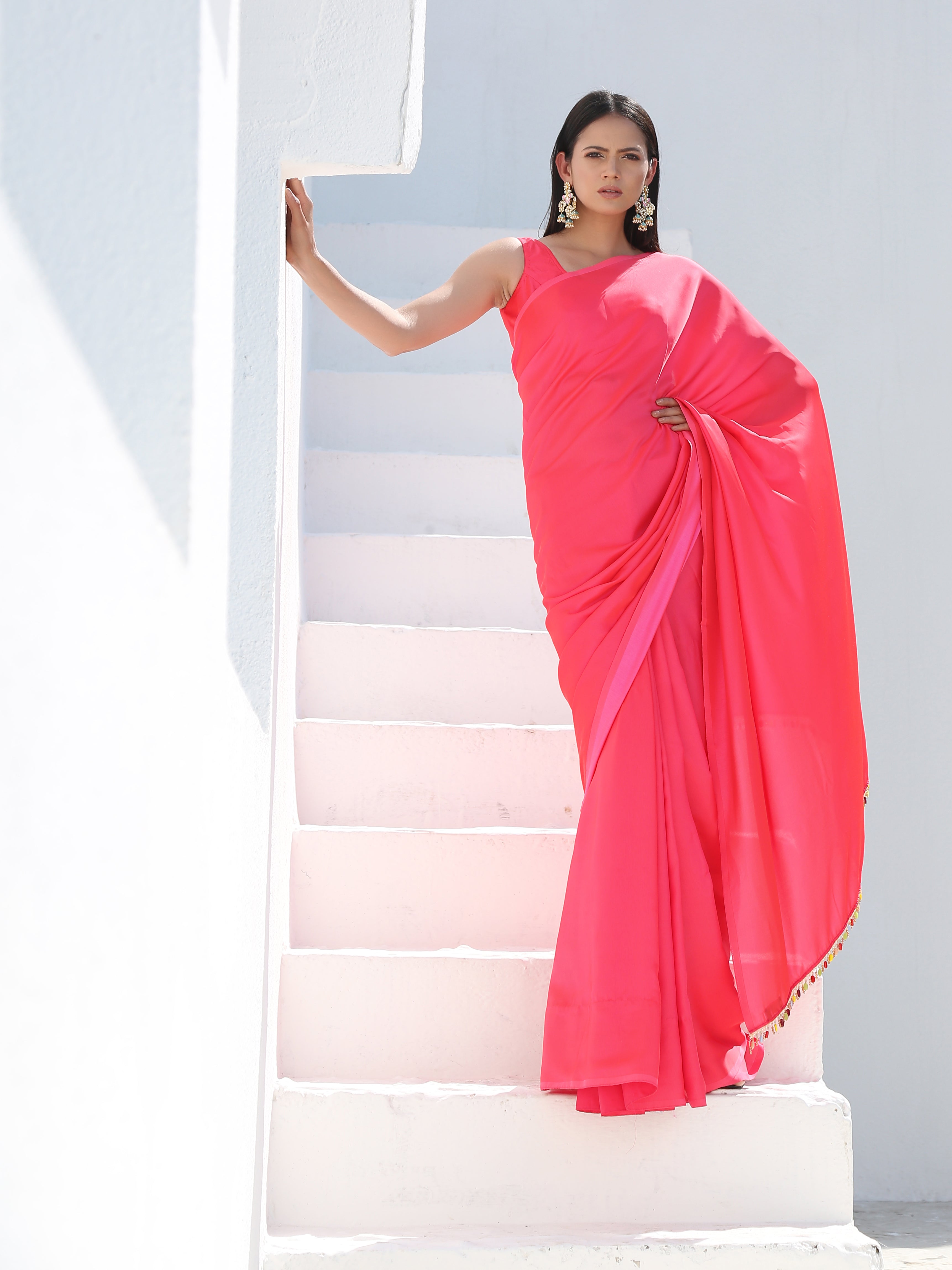 Neon pink saree with multicolour beaded lace — view 3