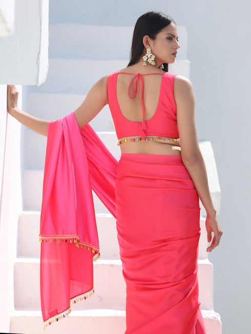 SET | Neon Pink Saree with Multicolour Beaded Lace + Blouse + Belt