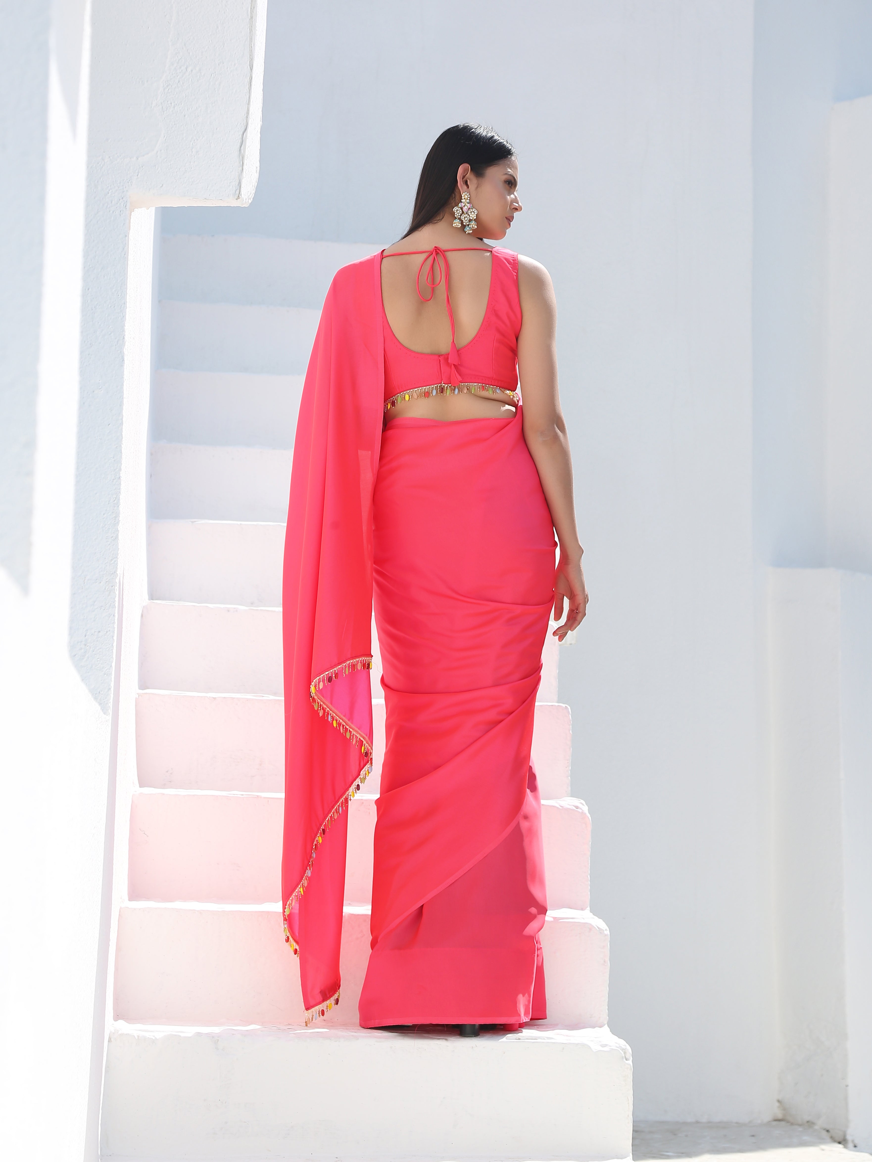 Neon pink saree with multicolour beaded lace — view 5