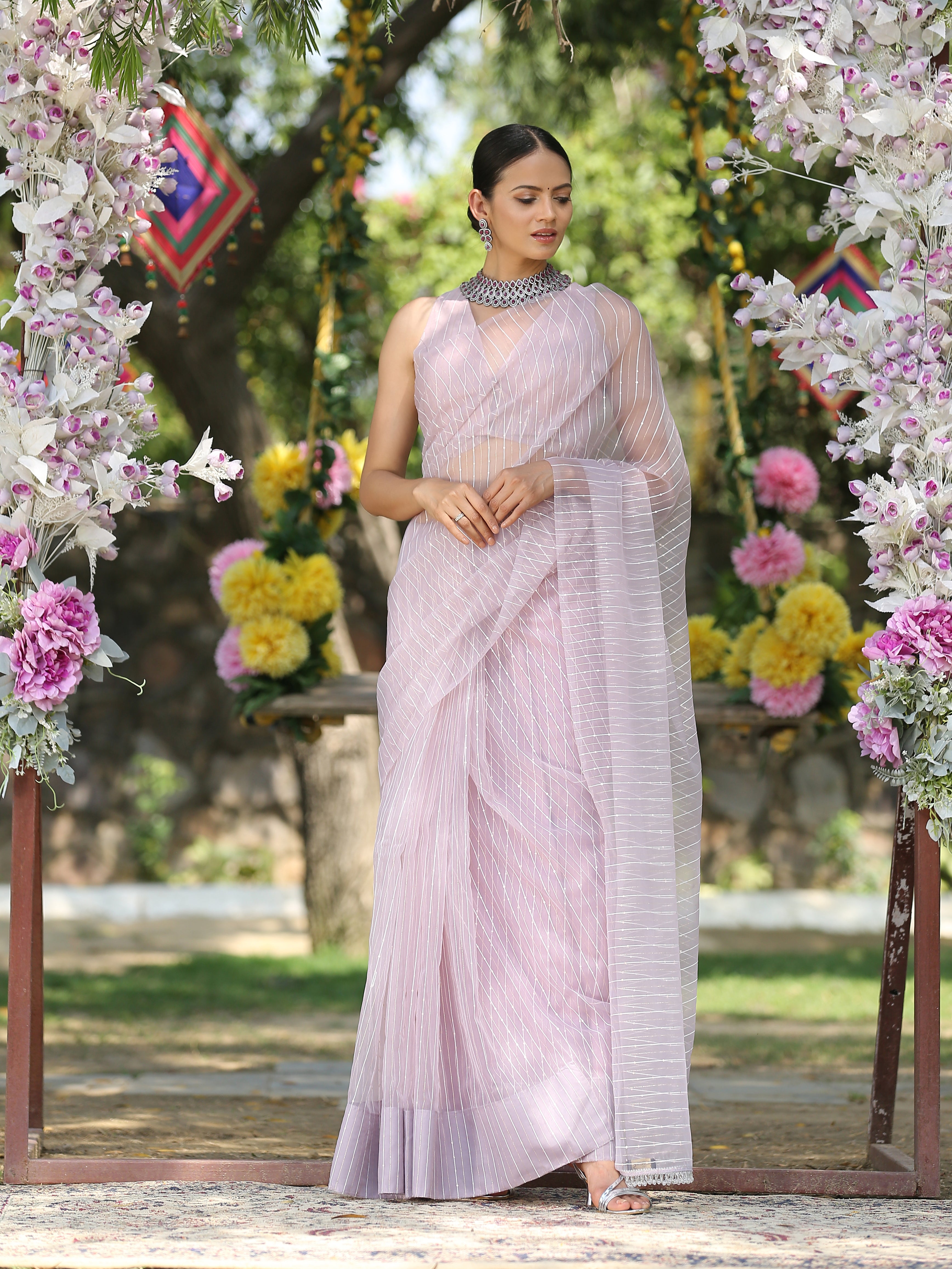 Lilac sparkle saree with beaded lace — view 5