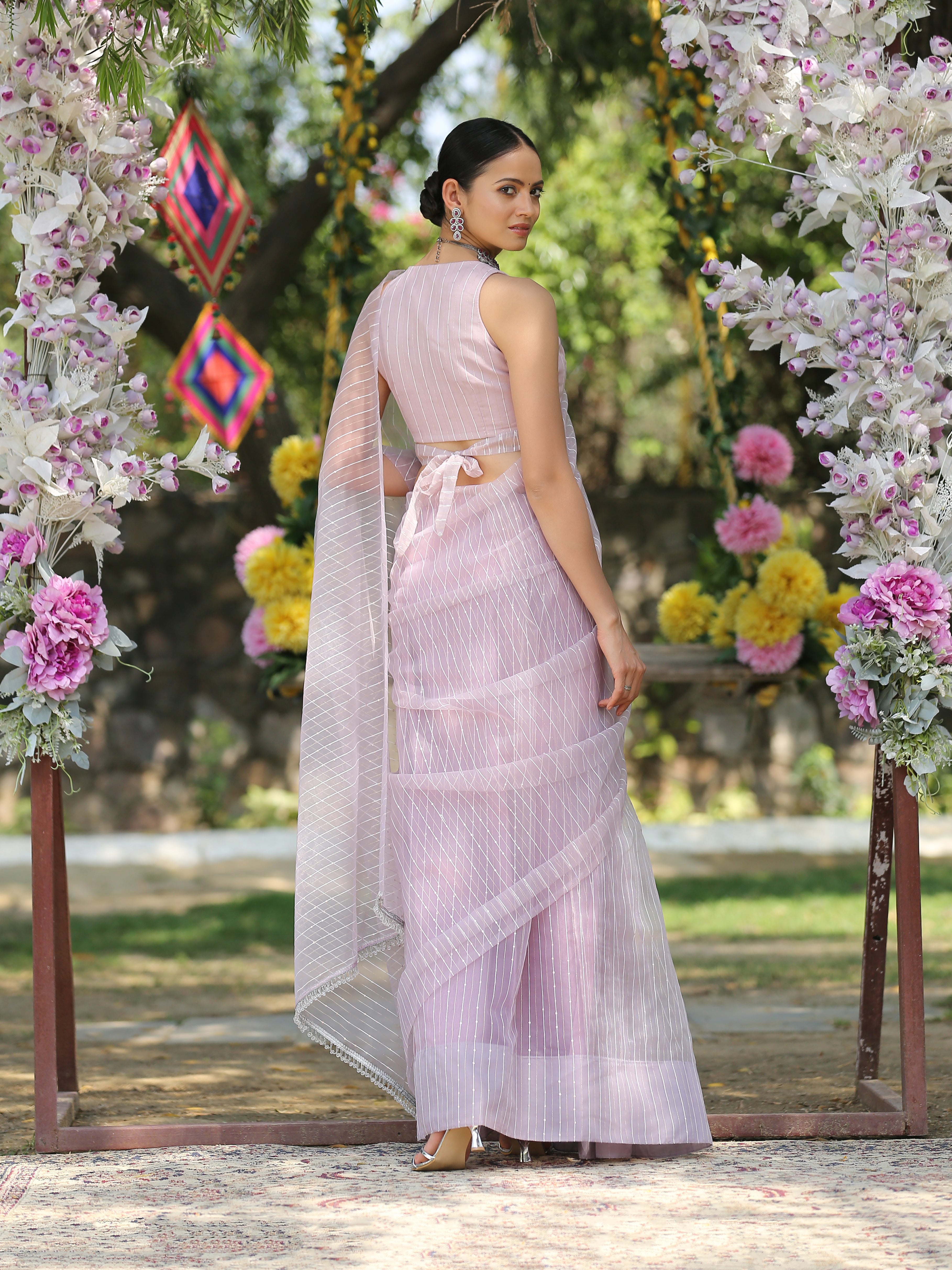 Lilac sparkle saree with beaded lace — view 3