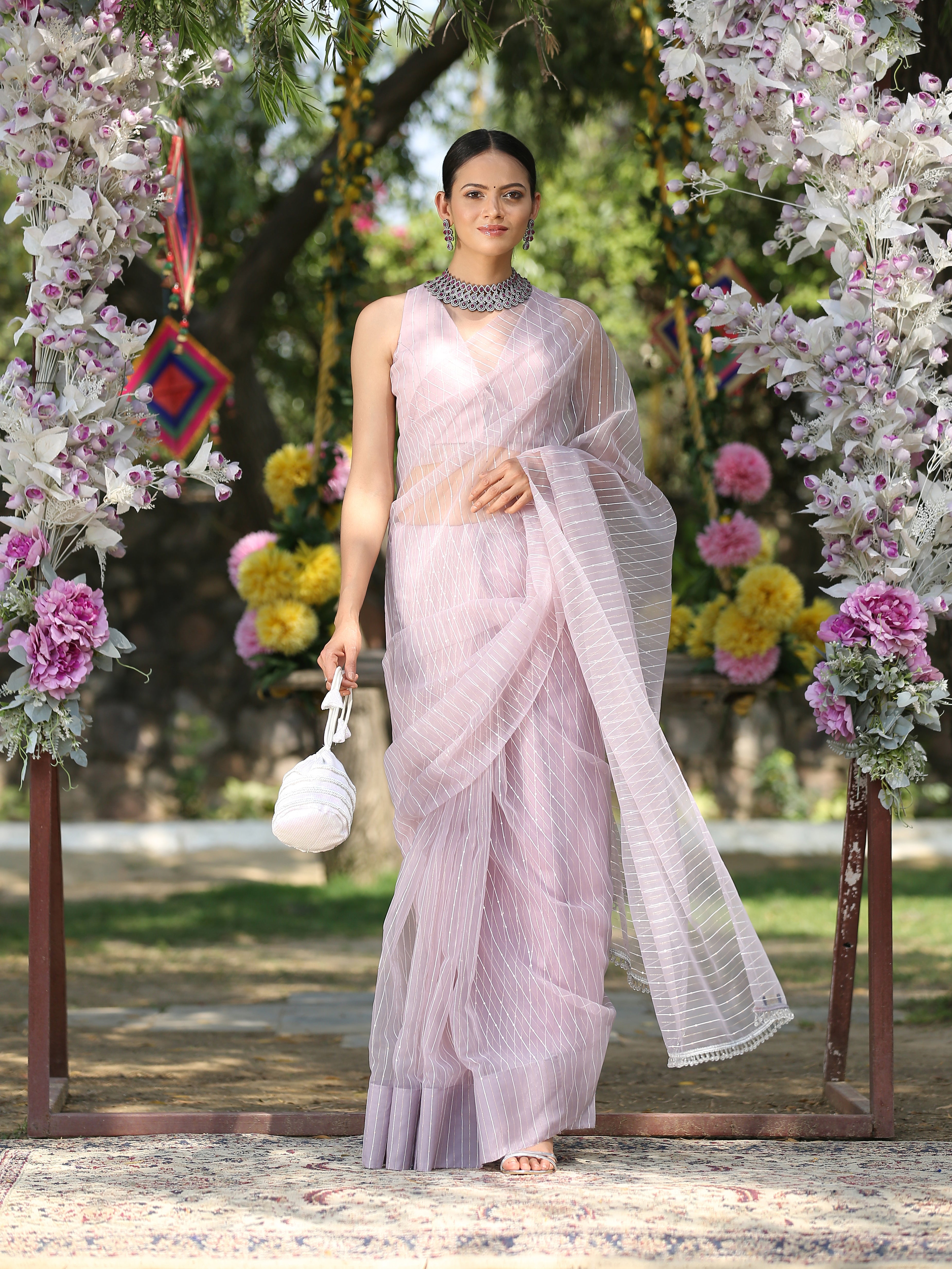 Lilac sparkle saree with beaded lace