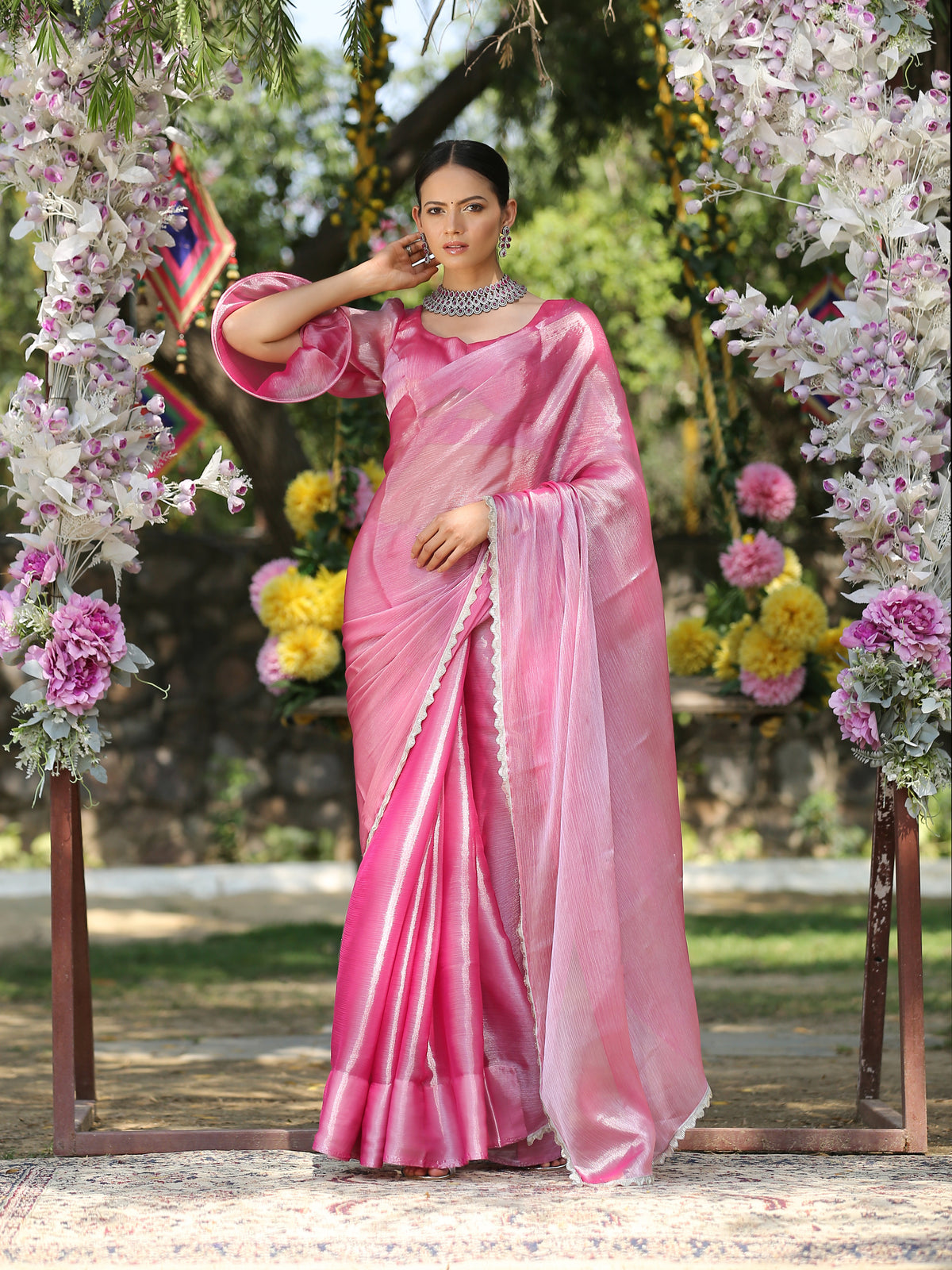 Glam pink saree with silver lace