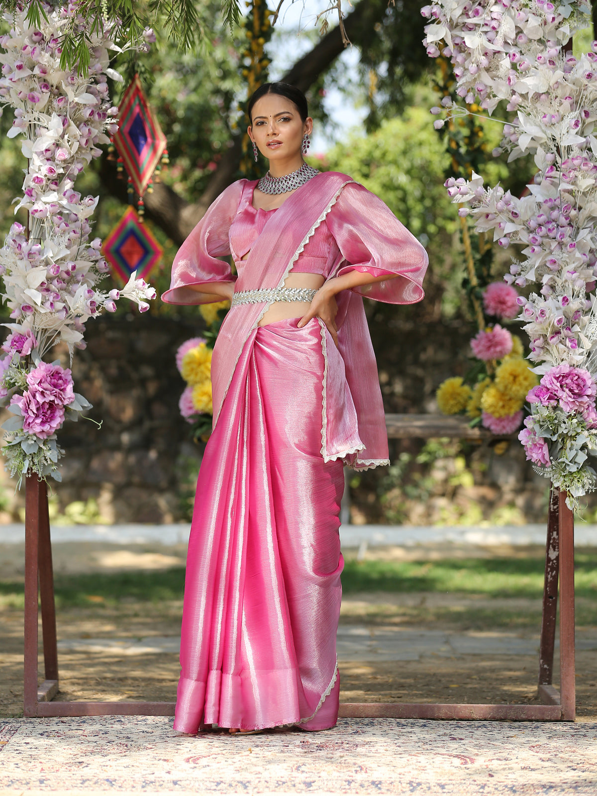 Glam pink saree with silver lace — view 6