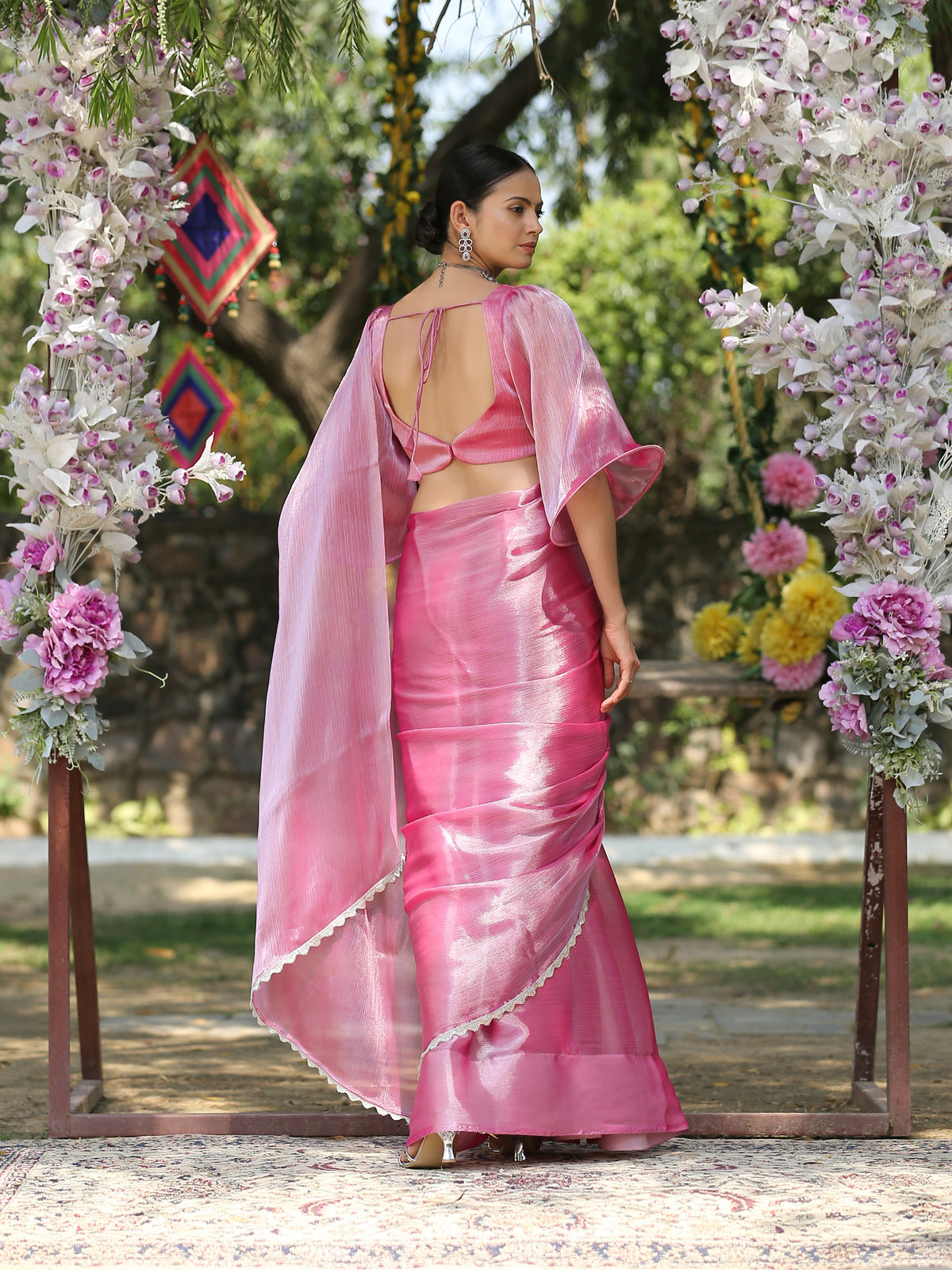 Glam pink saree with silver lace — view 3