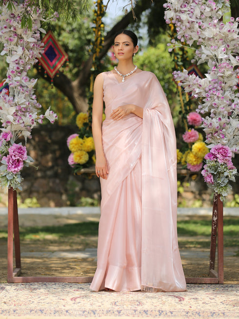 SET | Pink Champagne Saree With Blouse - 2 Piece